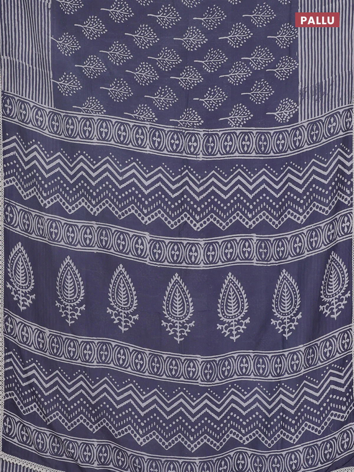 Semi pashmina silk saree blue shade and cream with allover tree butta prints and crocia lace work border - Image 3