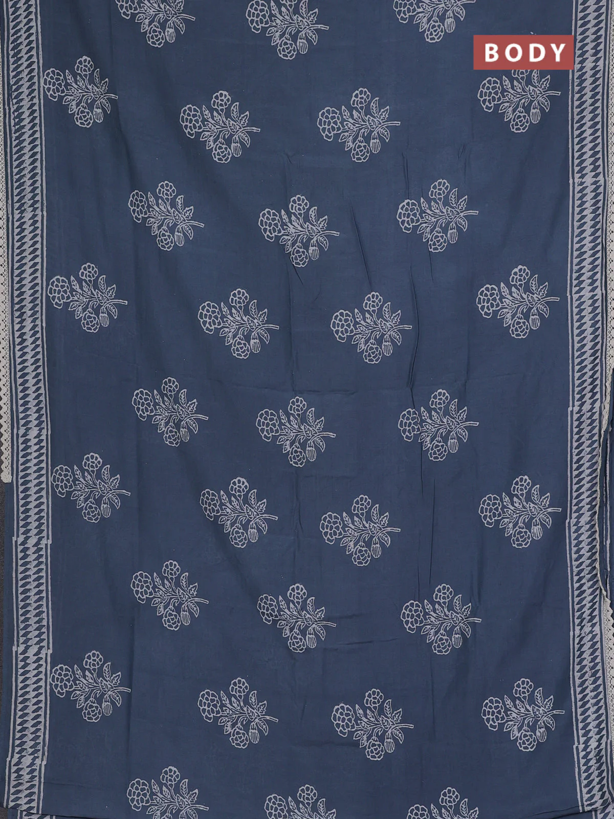 Semi pashmina silk saree bluish grey and cream with butta prints and crocia lace work border - Image 2