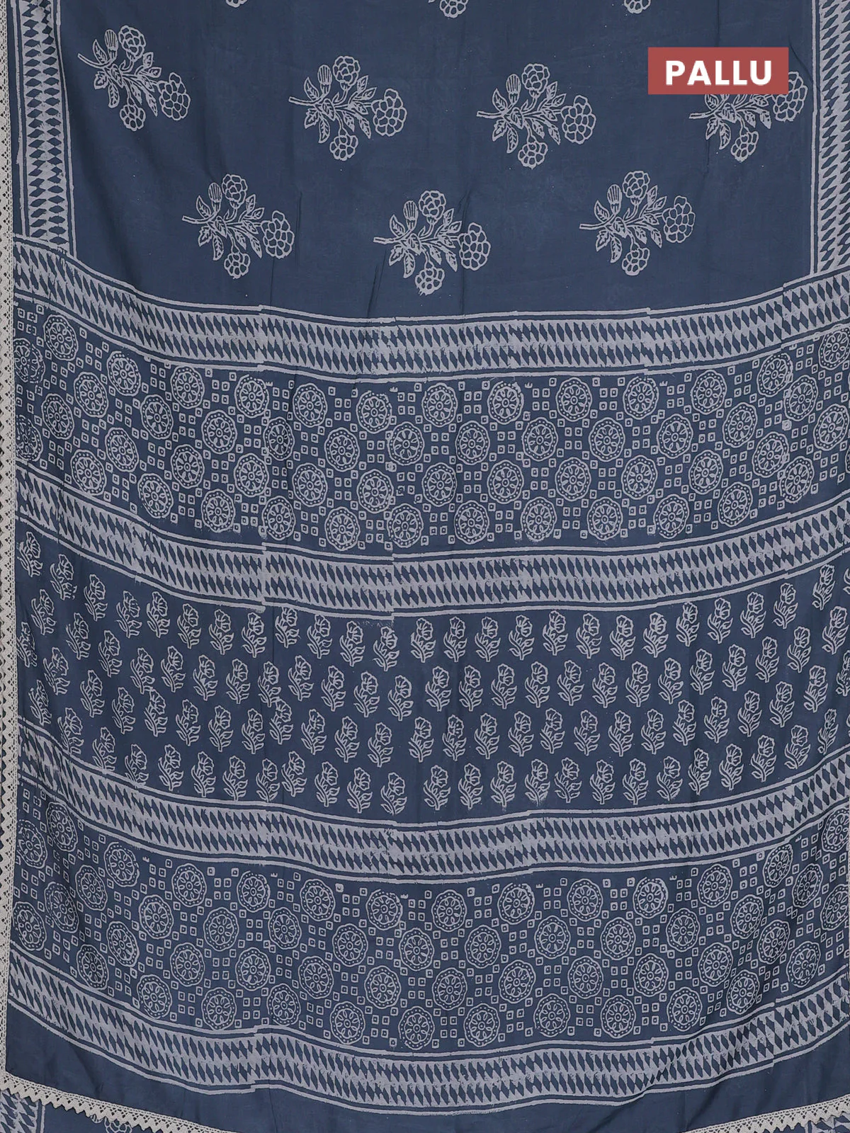 Semi pashmina silk saree bluish grey and cream with butta prints and crocia lace work border - Image 3