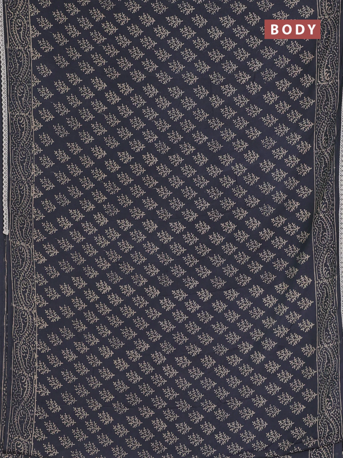 Semi pashmina silk saree dark grey and cream with allover butta prints and crocia lace work border - Image 2