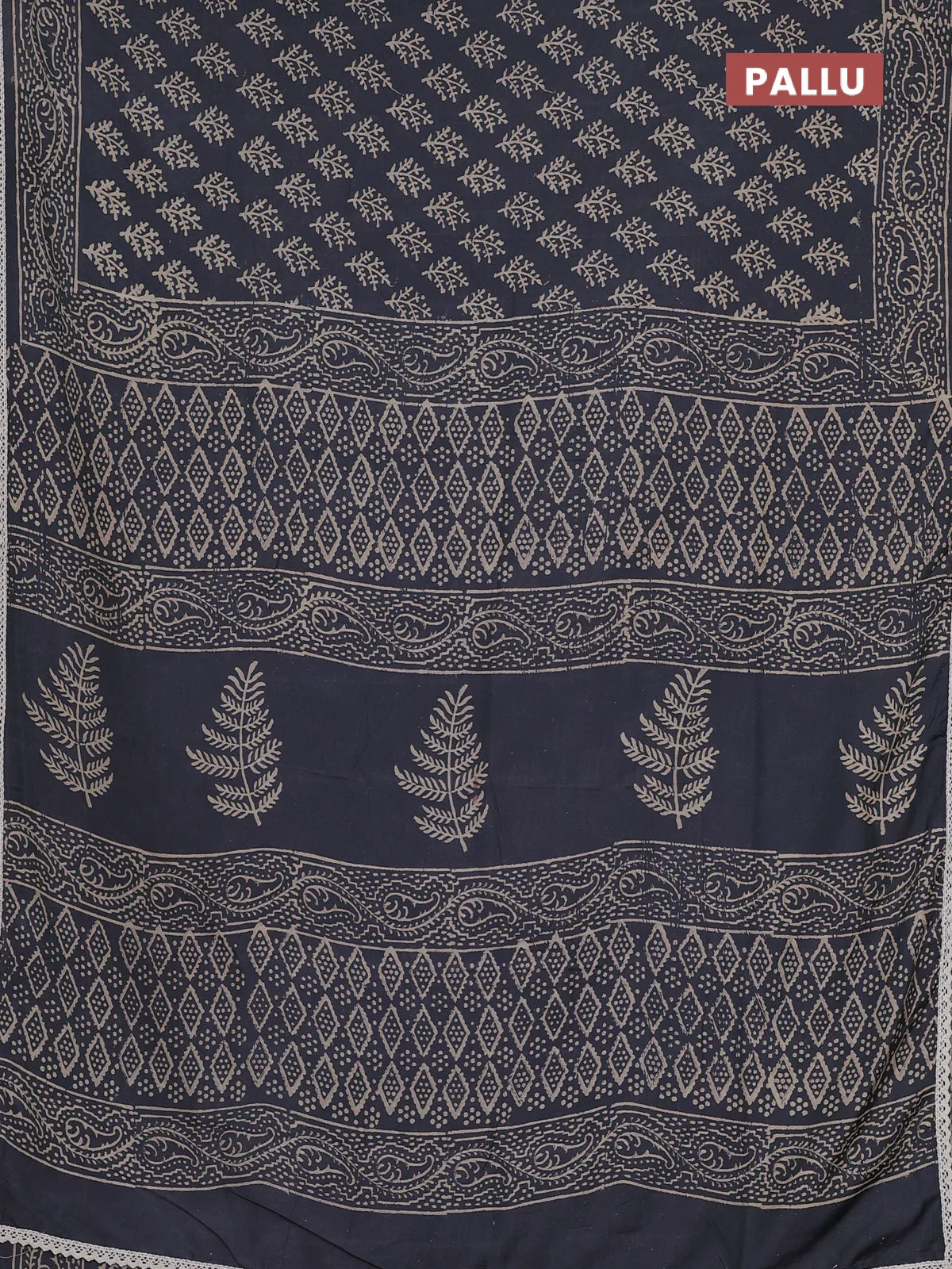 Semi pashmina silk saree dark grey and cream with allover butta prints and crocia lace work border - Image 3