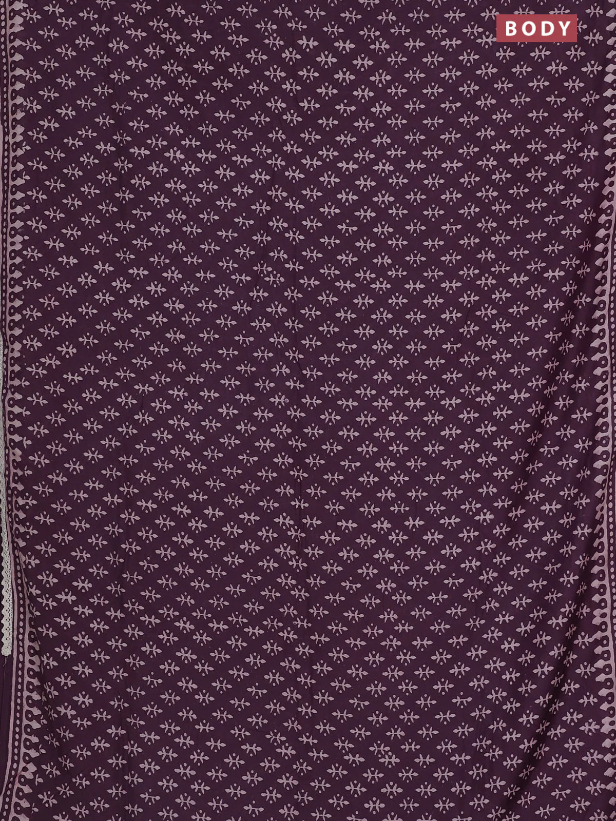 Semi pashmina silk saree deep wine shade and cream with butta prints and crocia lace work border - Image 2