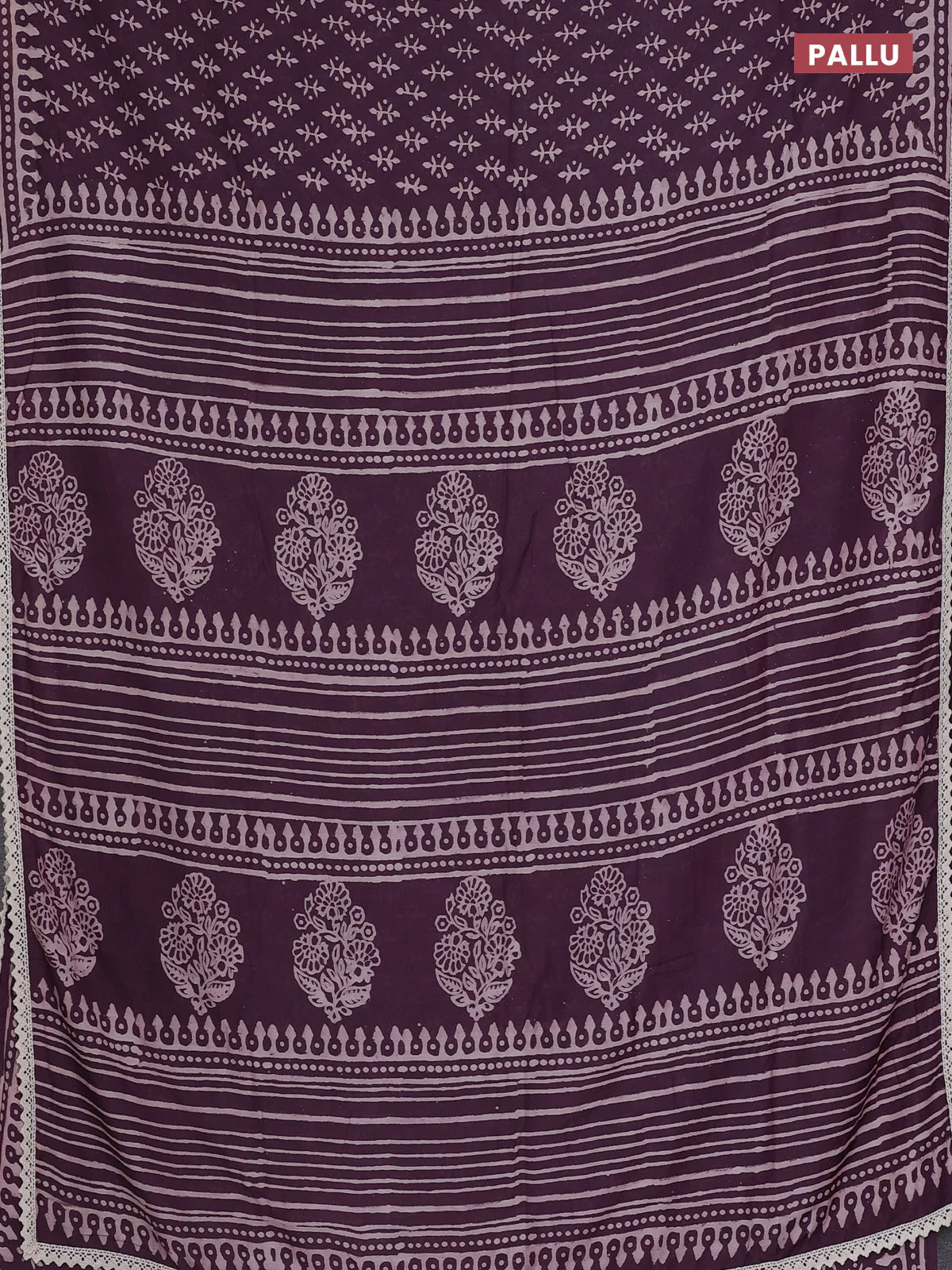 Semi pashmina silk saree deep wine shade and cream with butta prints and crocia lace work border - Image 3