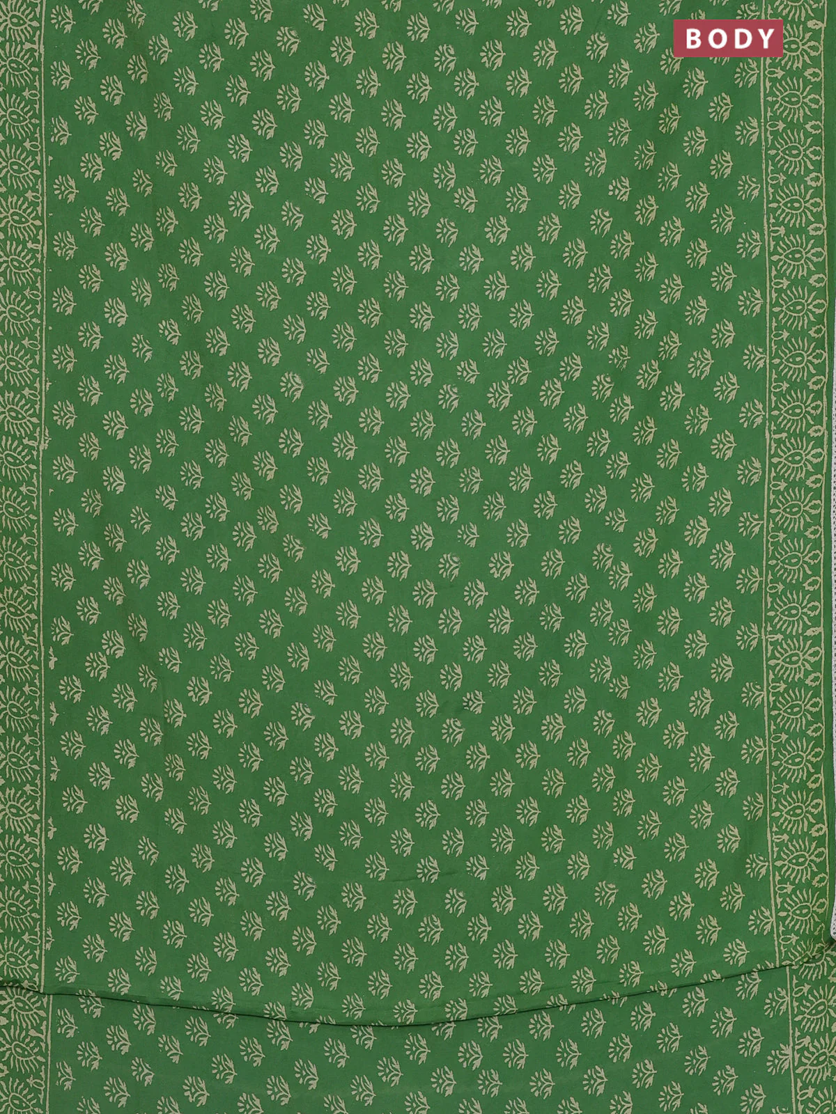 Semi pashmina silk saree green and cream with allover butta prints and crocia lace work border - Image 2