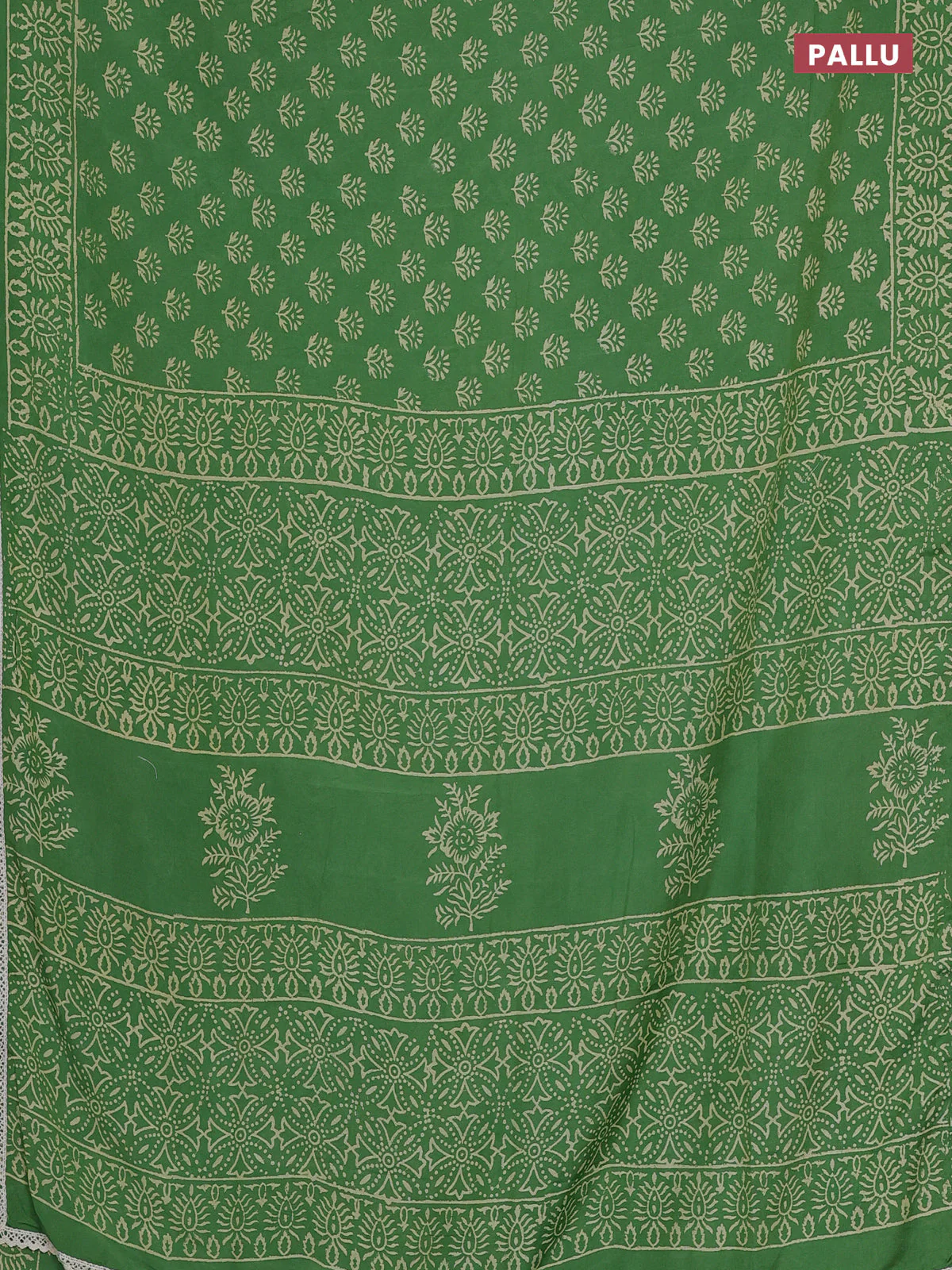 Semi pashmina silk saree green and cream with allover butta prints and crocia lace work border - Image 3