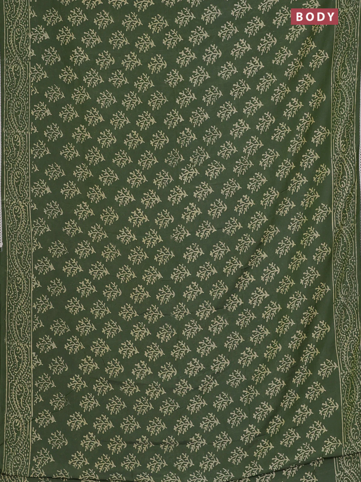 Semi pashmina silk saree green and cream with allover butta prints and crocia lace work border - Image 2