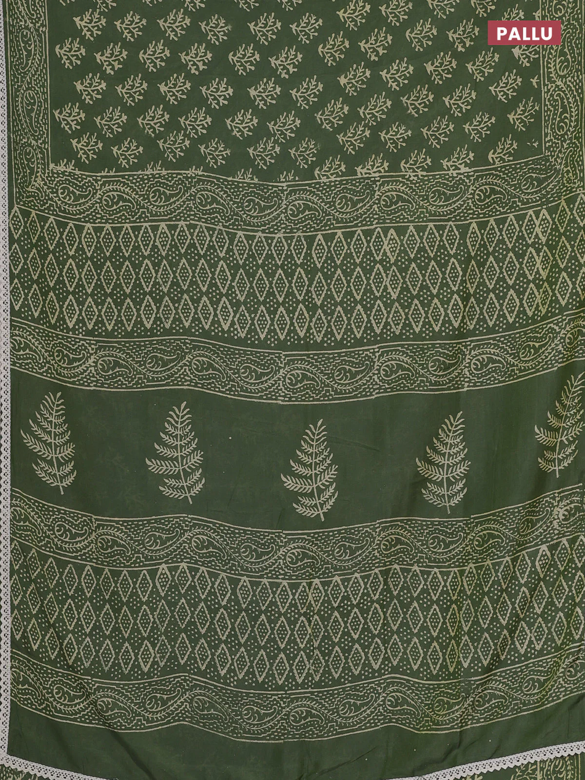Semi pashmina silk saree green and cream with allover butta prints and crocia lace work border - Image 3