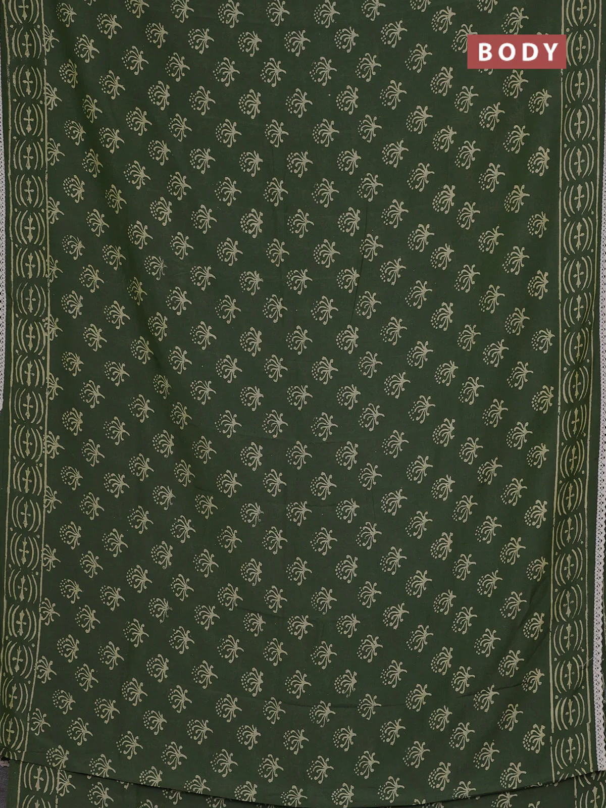 Semi pashmina silk saree green and cream with allover butta prints and crocia lace work border - Image 2