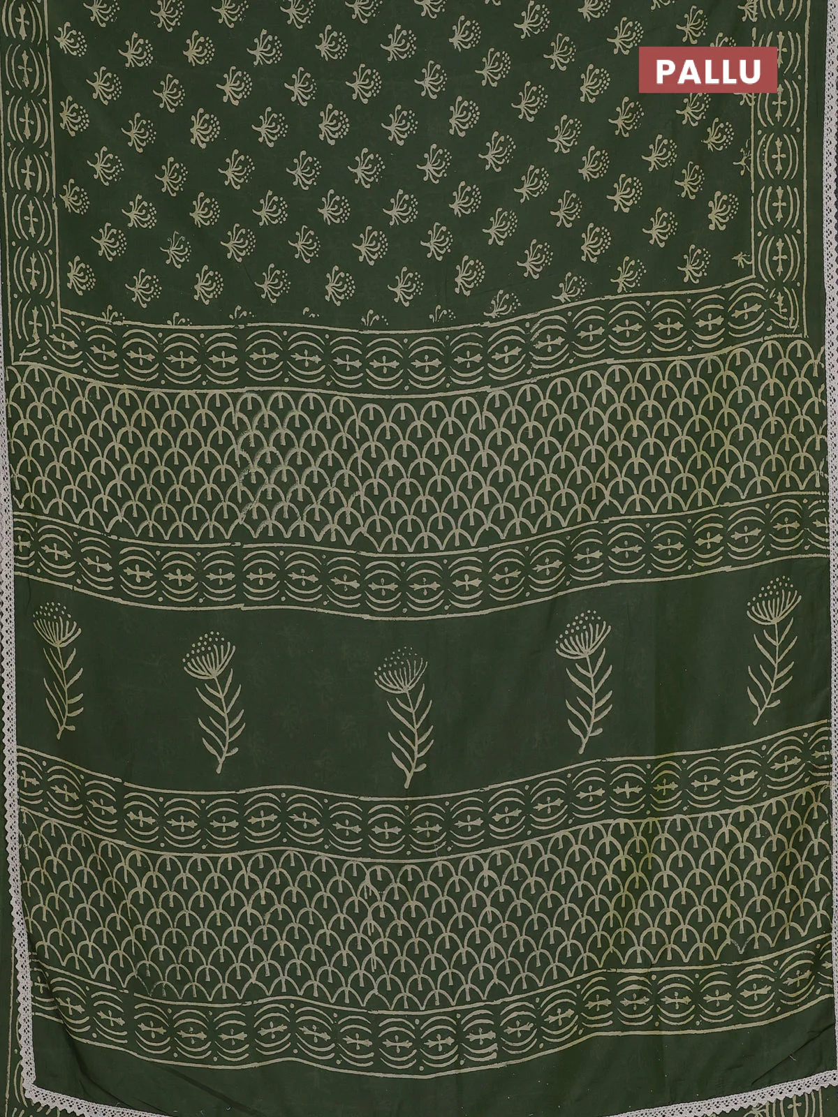 Semi pashmina silk saree green and cream with allover butta prints and crocia lace work border - Image 3