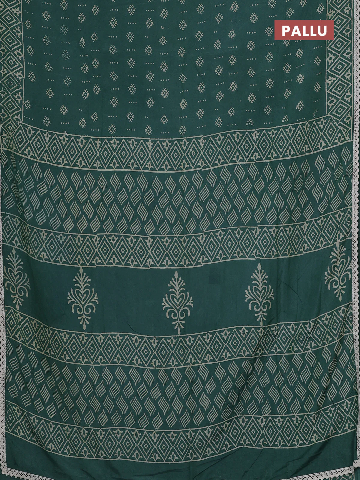 Semi pashmina silk saree green and cream with allover butta prints and crocia lace work border - Image 3