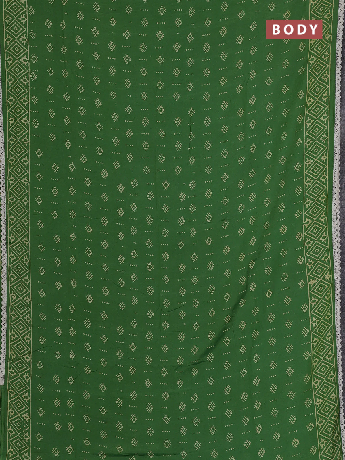 Semi pashmina silk saree green and cream with allover butta prints and crocia lace work border - Image 2