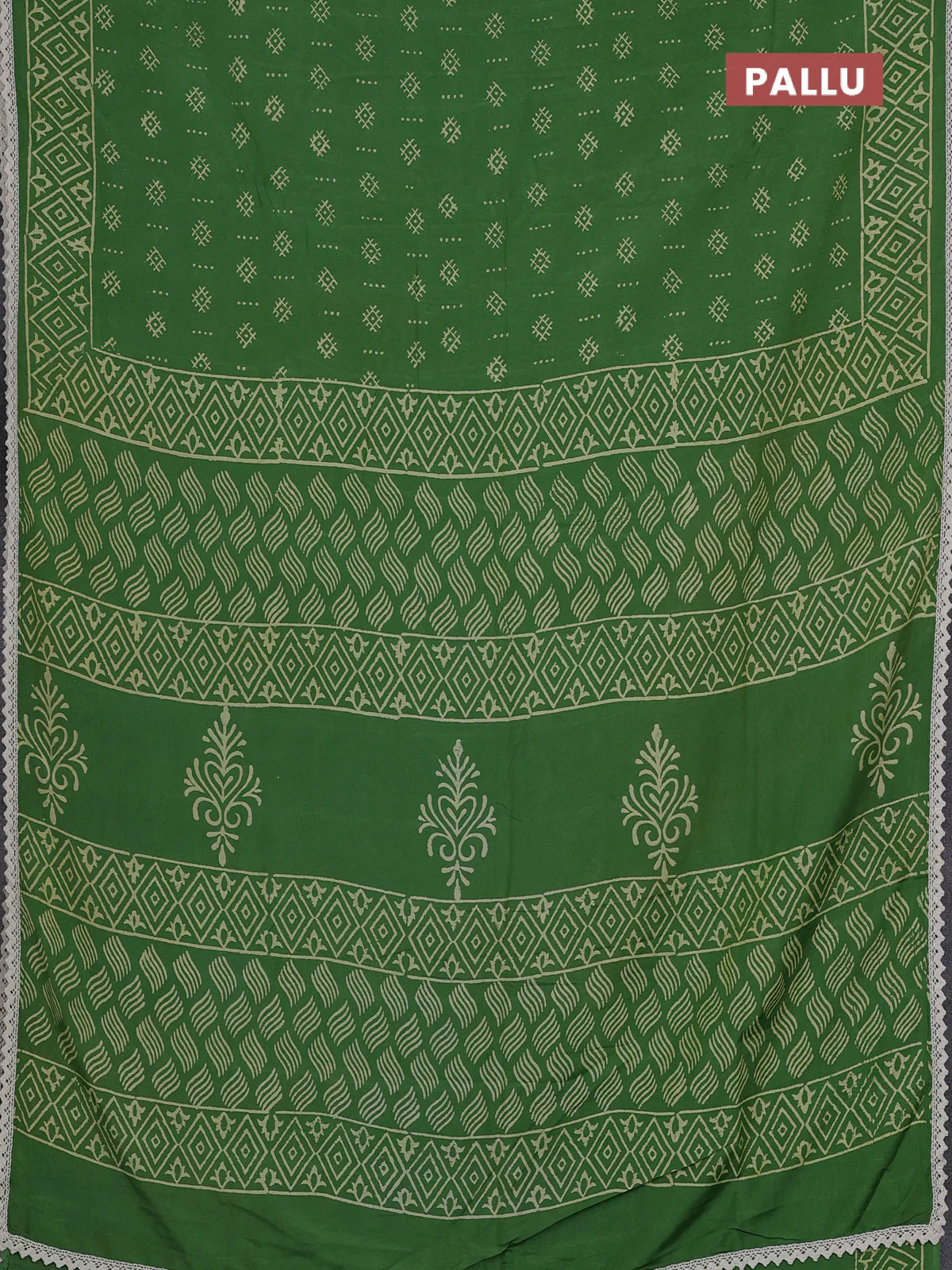 Semi pashmina silk saree green and cream with allover butta prints and crocia lace work border - Image 3
