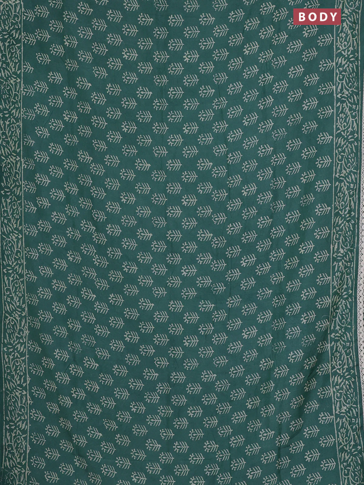 Semi pashmina silk saree green and cream with allover butta prints and crocia lace work border - Image 2