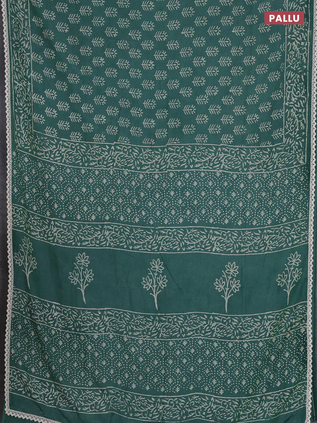 Semi pashmina silk saree green and cream with allover butta prints and crocia lace work border - Image 3