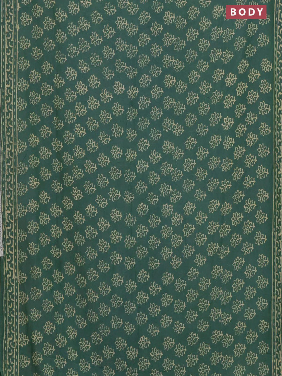 Semi pashmina silk saree green and cream with allover floral butta prints and crocia lace work border - Image 2