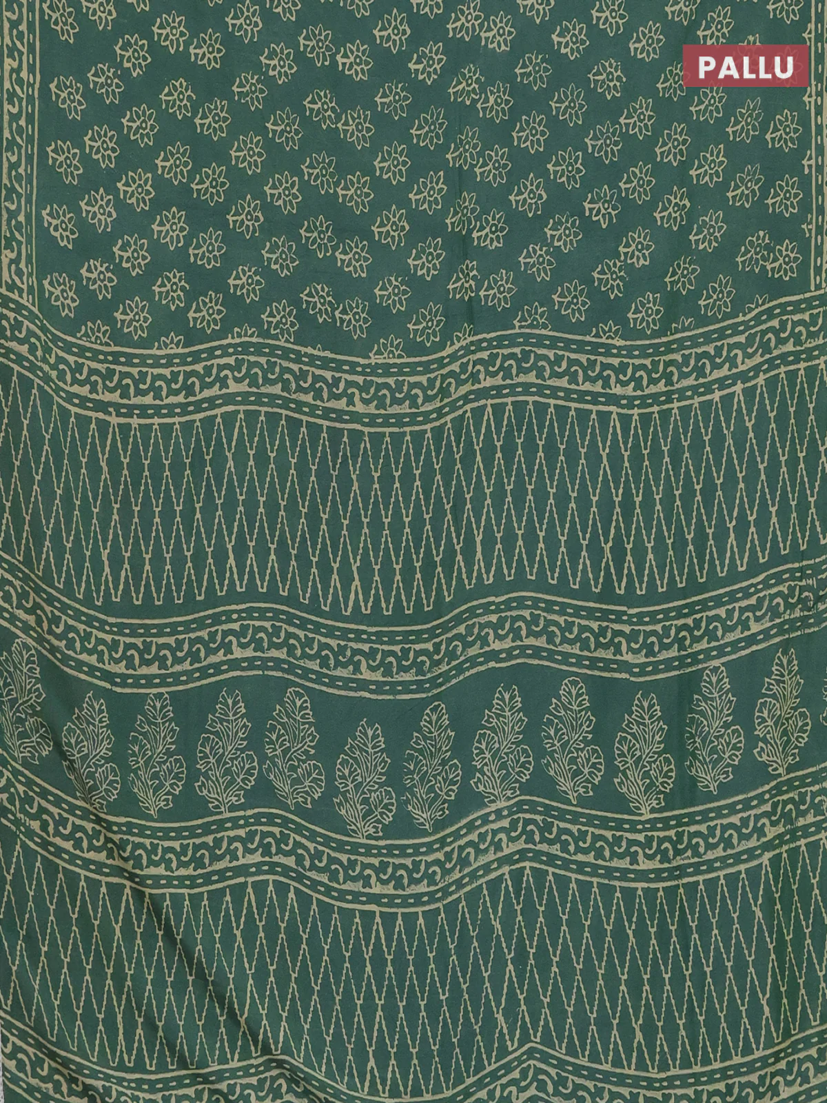 Semi pashmina silk saree green and cream with allover floral butta prints and crocia lace work border - Image 3