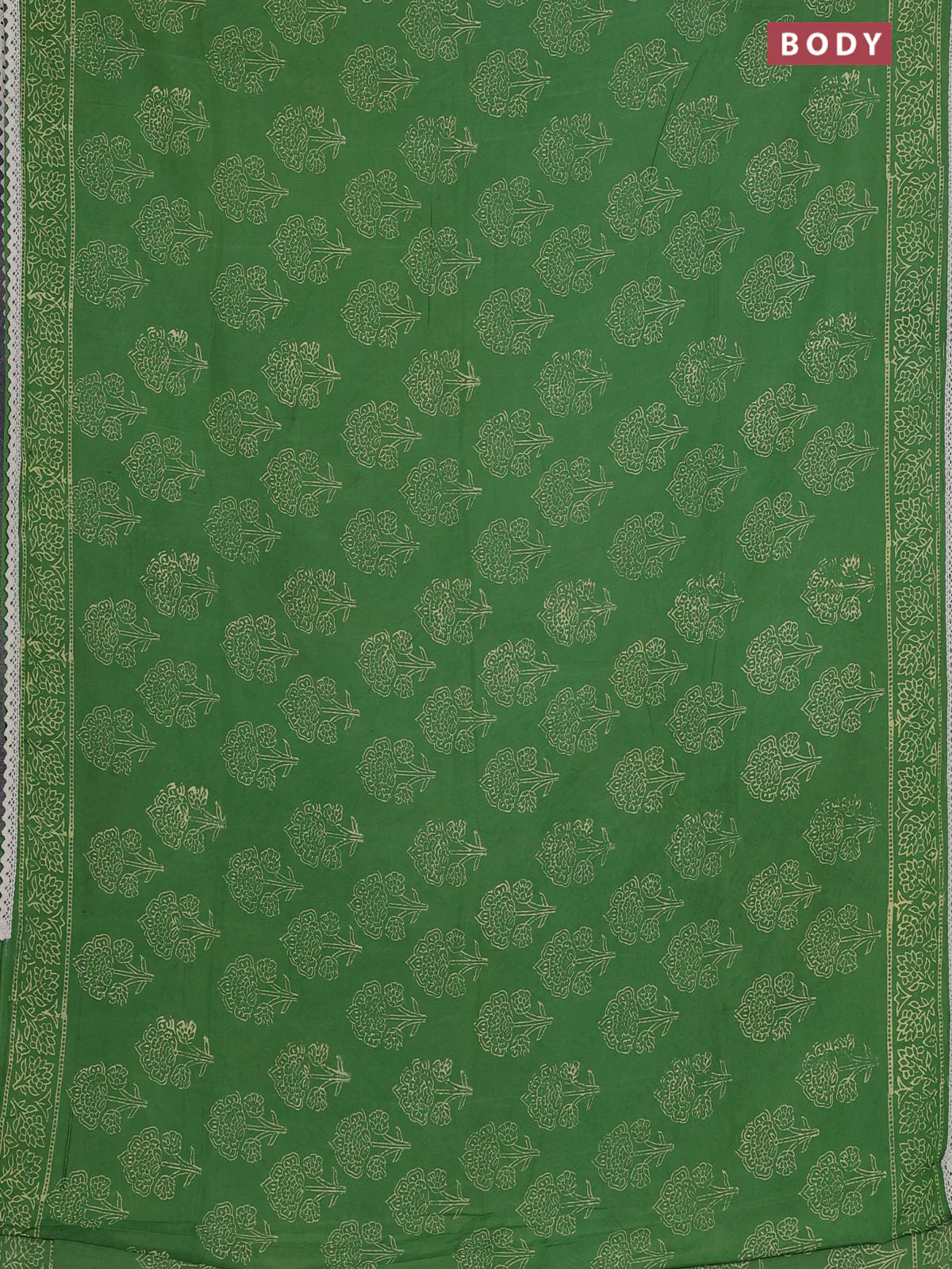 Semi pashmina silk saree green and cream with allover floral butta prints and crocia lace work border - Image 2