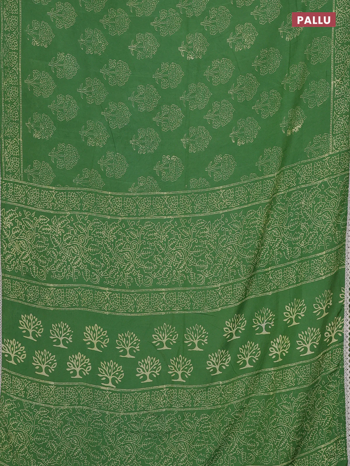 Semi pashmina silk saree green and cream with allover floral butta prints and crocia lace work border - Image 3