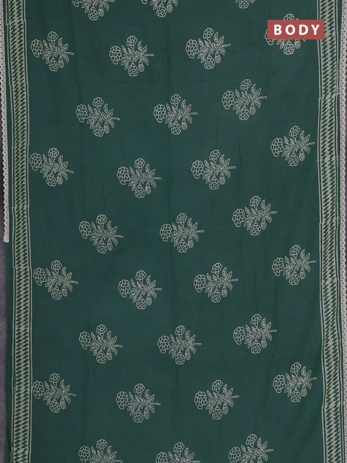 Semi pashmina silk saree green and cream with butta prints and crocia lace work border - Image 2