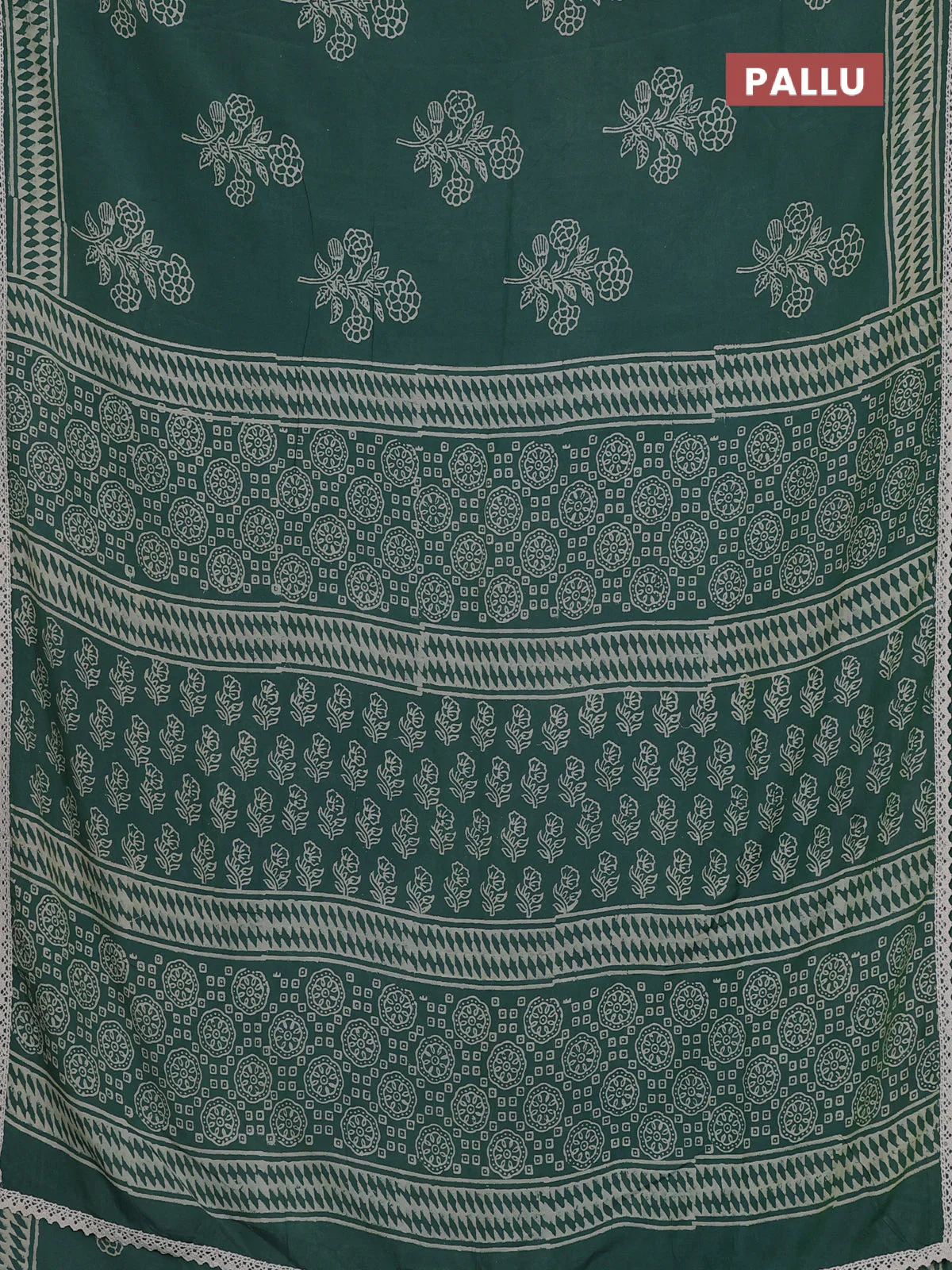 Semi pashmina silk saree green and cream with butta prints and crocia lace work border - Image 3