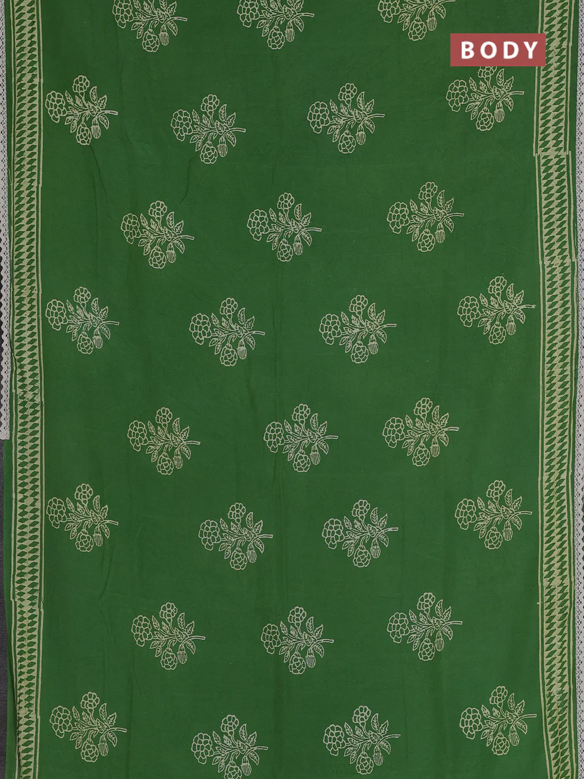 Semi pashmina silk saree green and cream with butta prints and crocia lace work border - Image 2