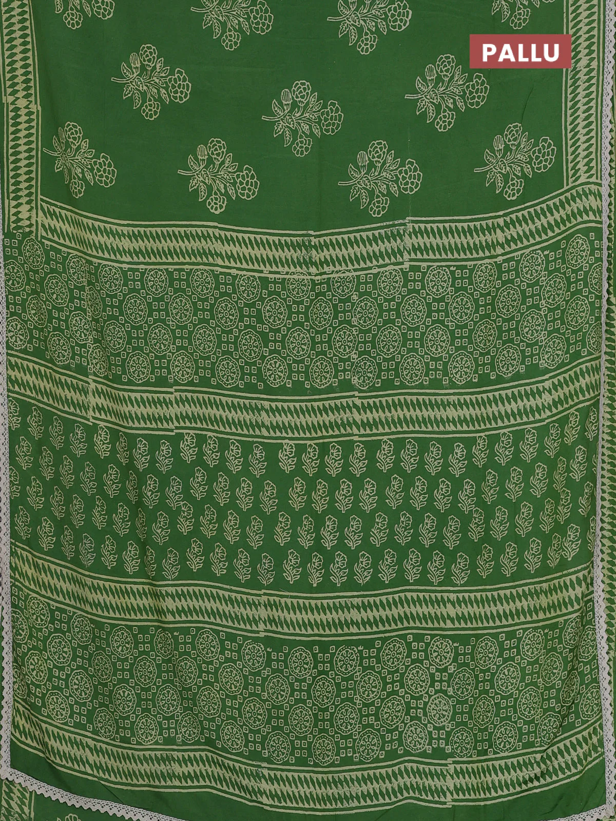 Semi pashmina silk saree green and cream with butta prints and crocia lace work border - Image 3