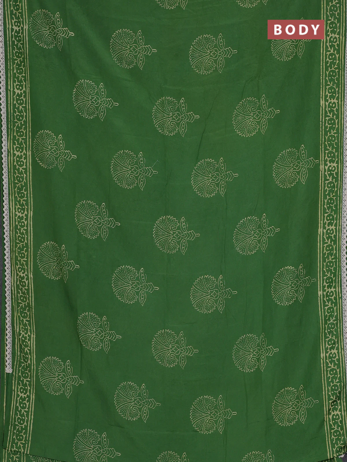 Semi pashmina silk saree green and cream with butta prints and crocia lace work border - Image 2