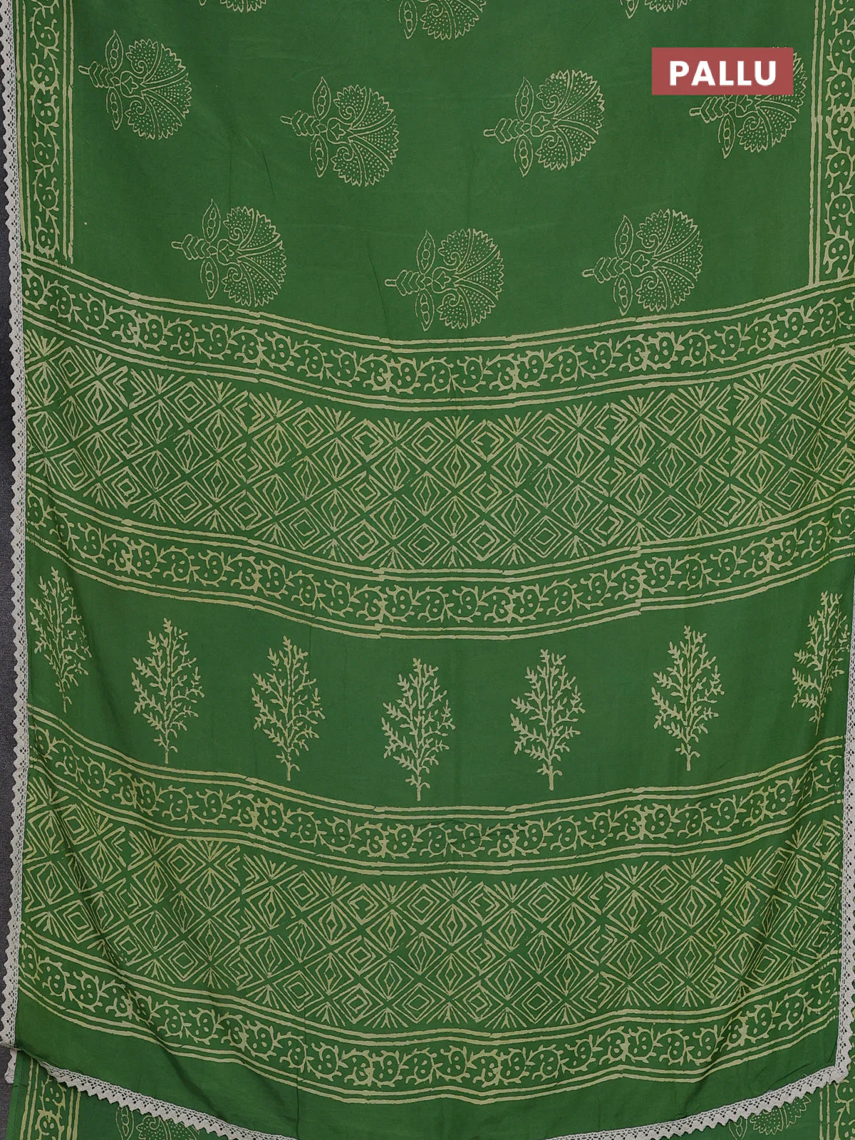 Semi pashmina silk saree green and cream with butta prints and crocia lace work border - Image 3