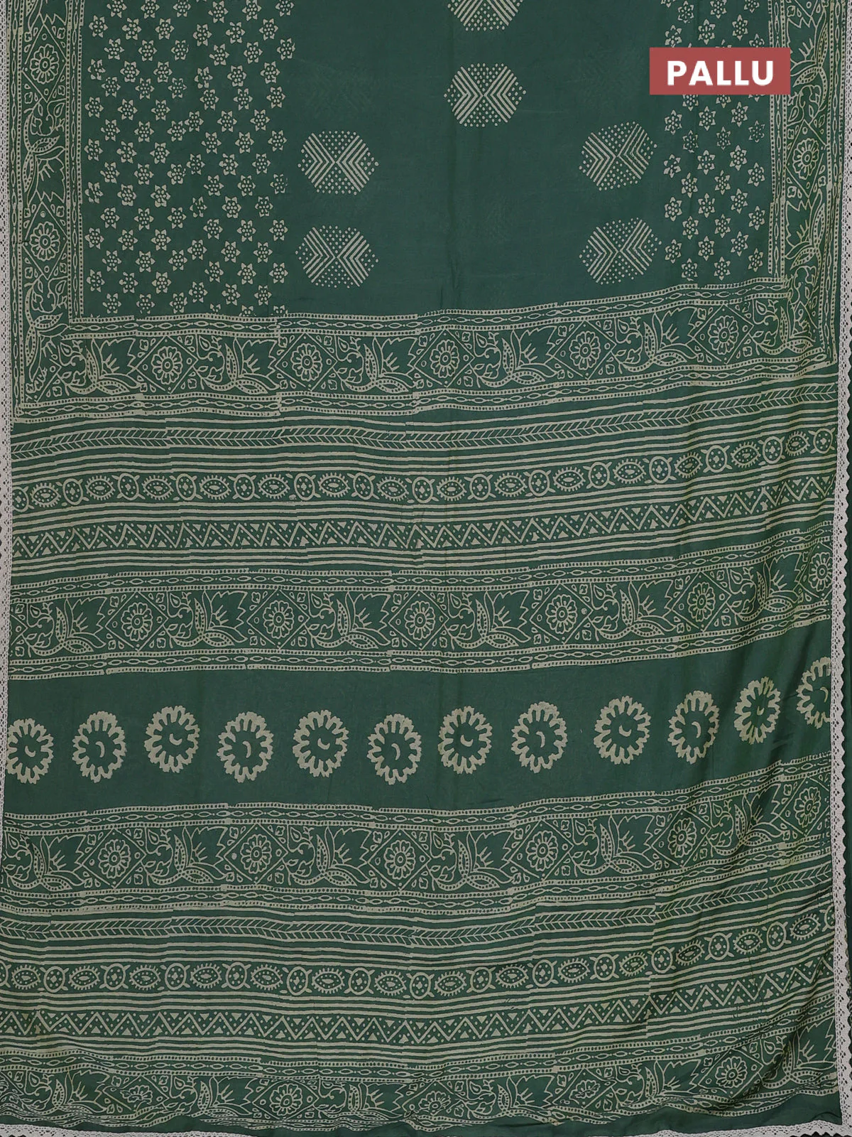 Semi pashmina silk saree green shade and cream with butta prints and crocia lace work border - Image 3