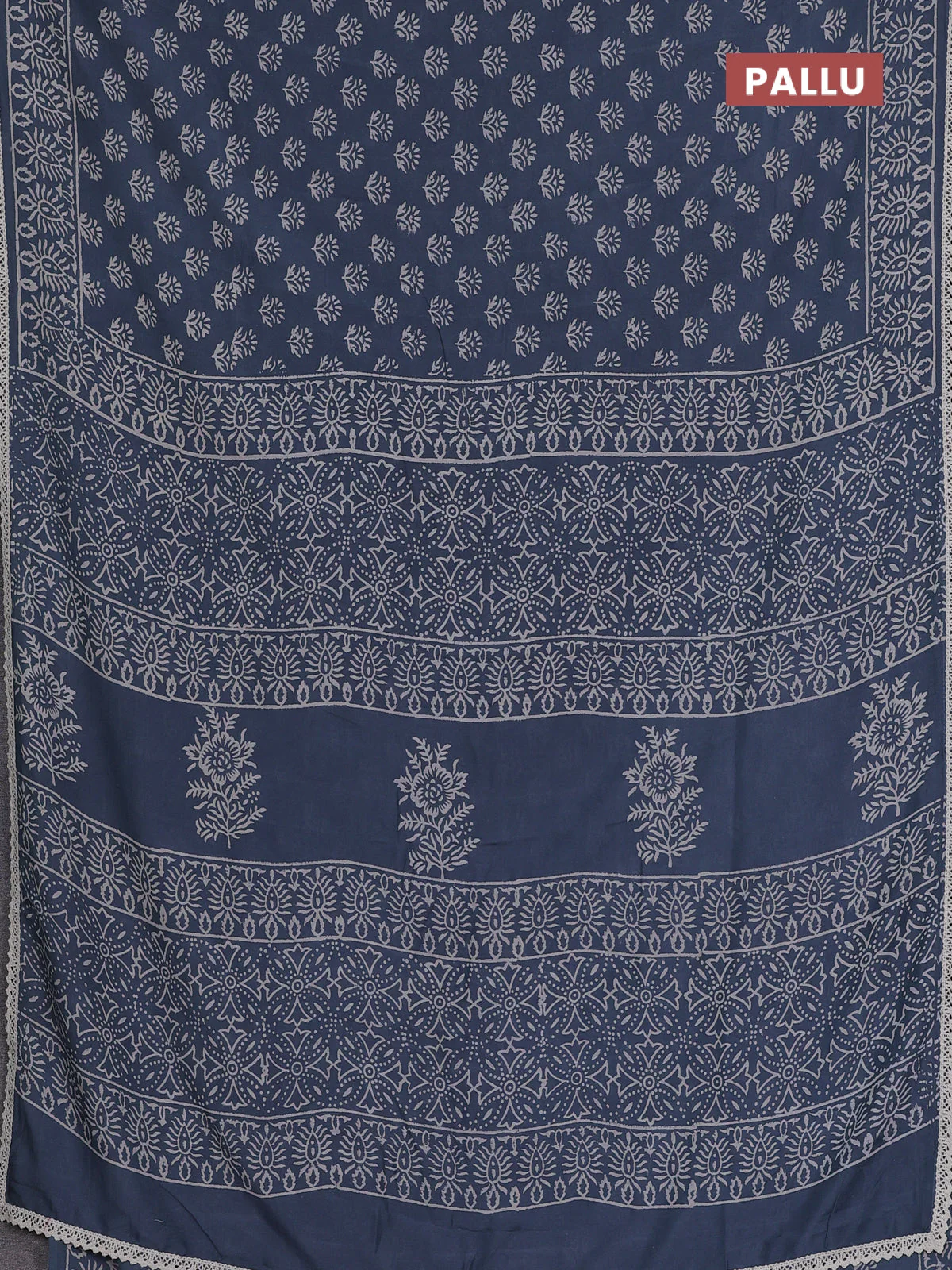 Semi pashmina silk saree grey and cream with allover butta prints and crocia lace work border - Image 3