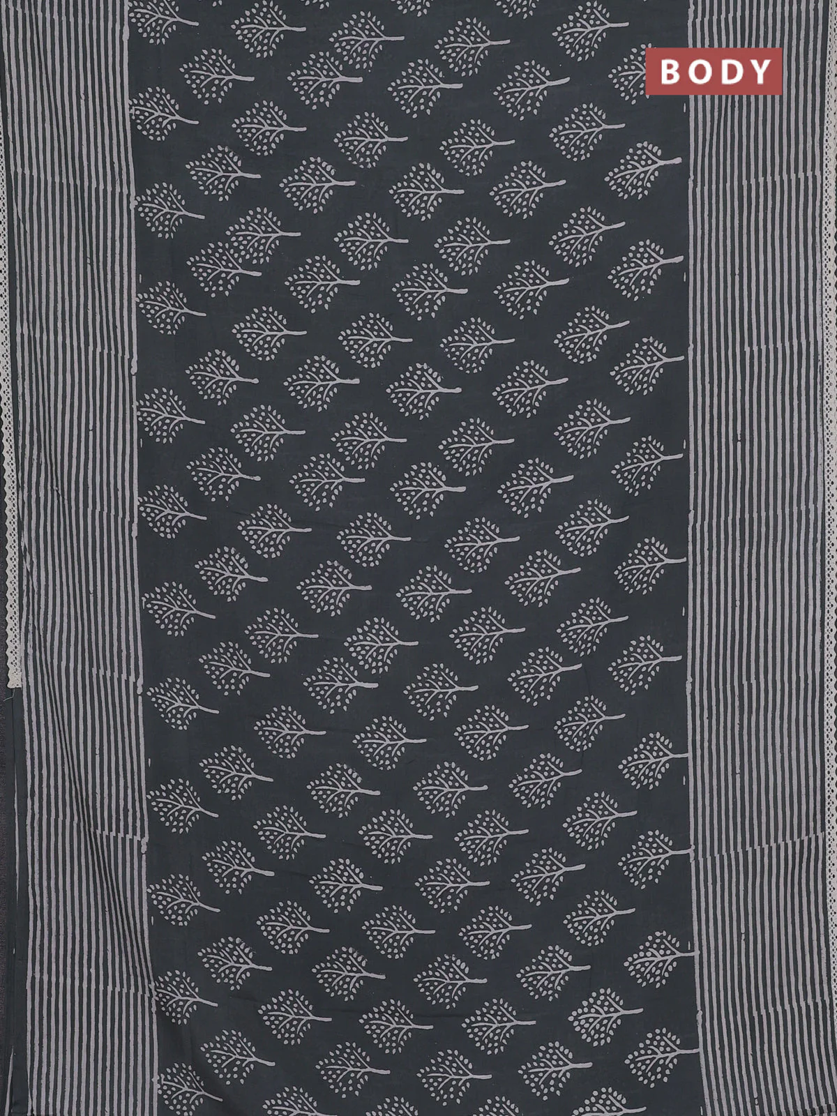Semi pashmina silk saree grey and cream with allover butta prints and crocia lace work border - Image 2