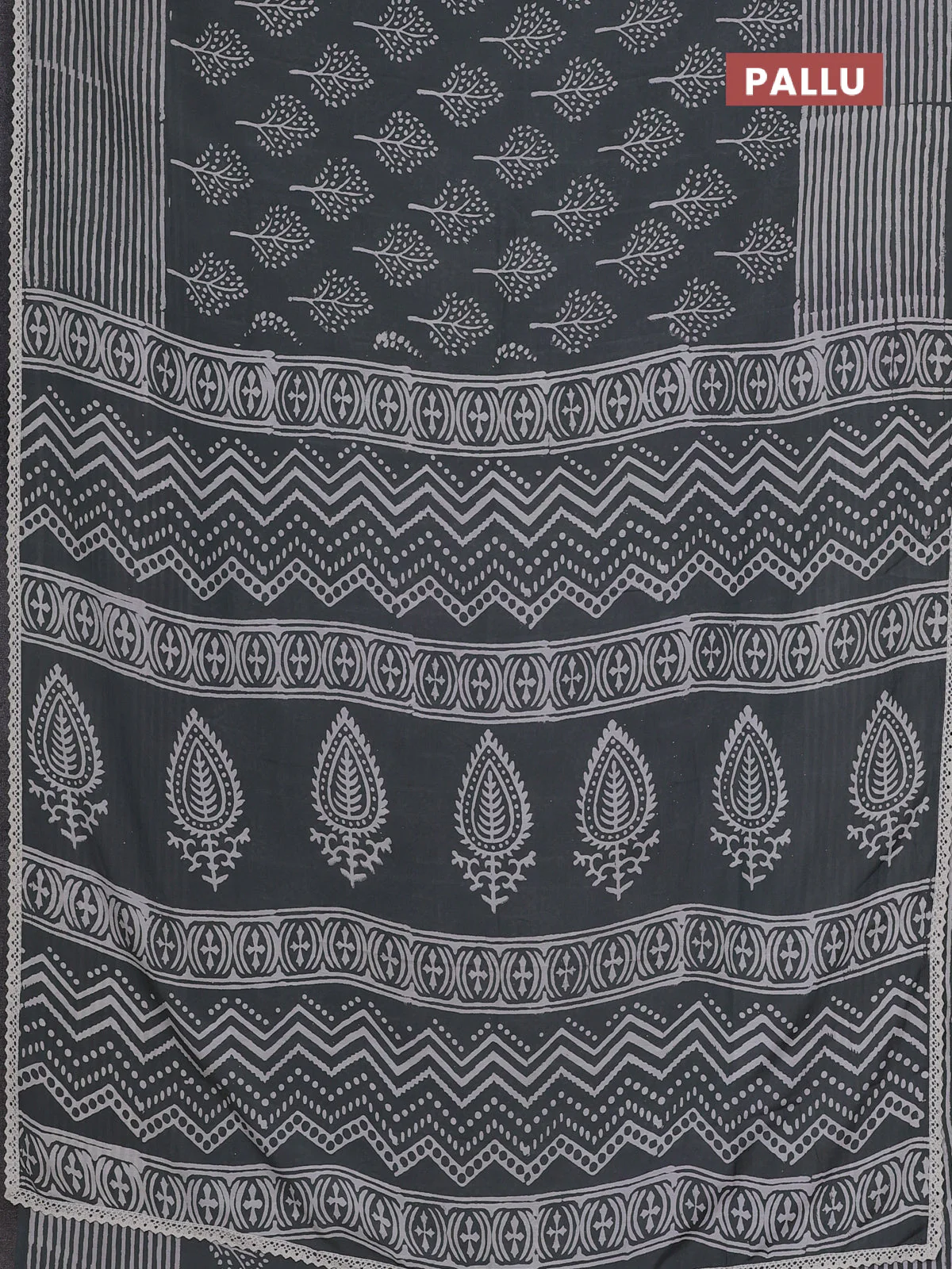 Semi pashmina silk saree grey and cream with allover butta prints and crocia lace work border - Image 3