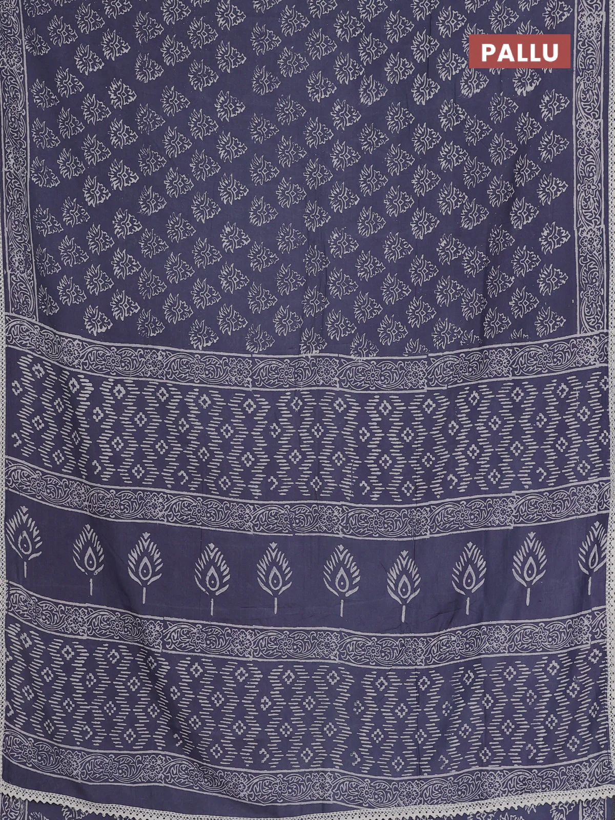 Semi pashmina silk saree grey and cream with allover butta prints and crocia lace work border - Image 3