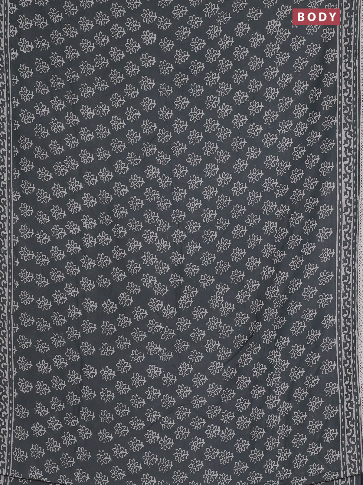 Semi pashmina silk saree grey and cream with allover floral butta prints and crocia lace work border - Image 2