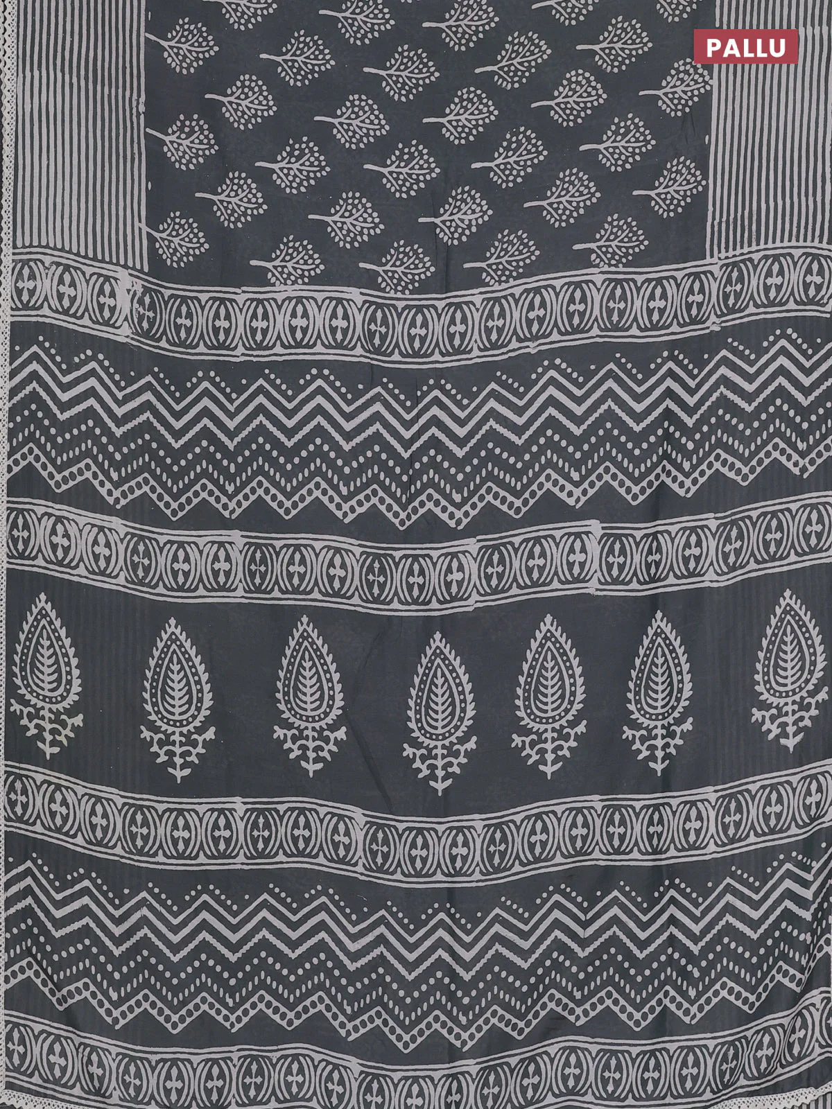 Semi pashmina silk saree grey and cream with allover tree butta prints and crocia lace work border - Image 3