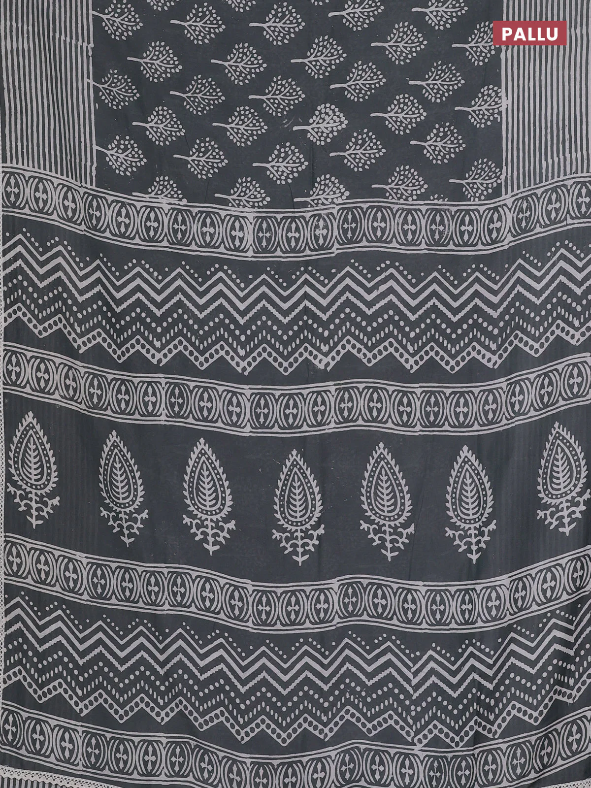 Semi pashmina silk saree grey and cream with allover tree butta prints and crocia lace work border - Image 3