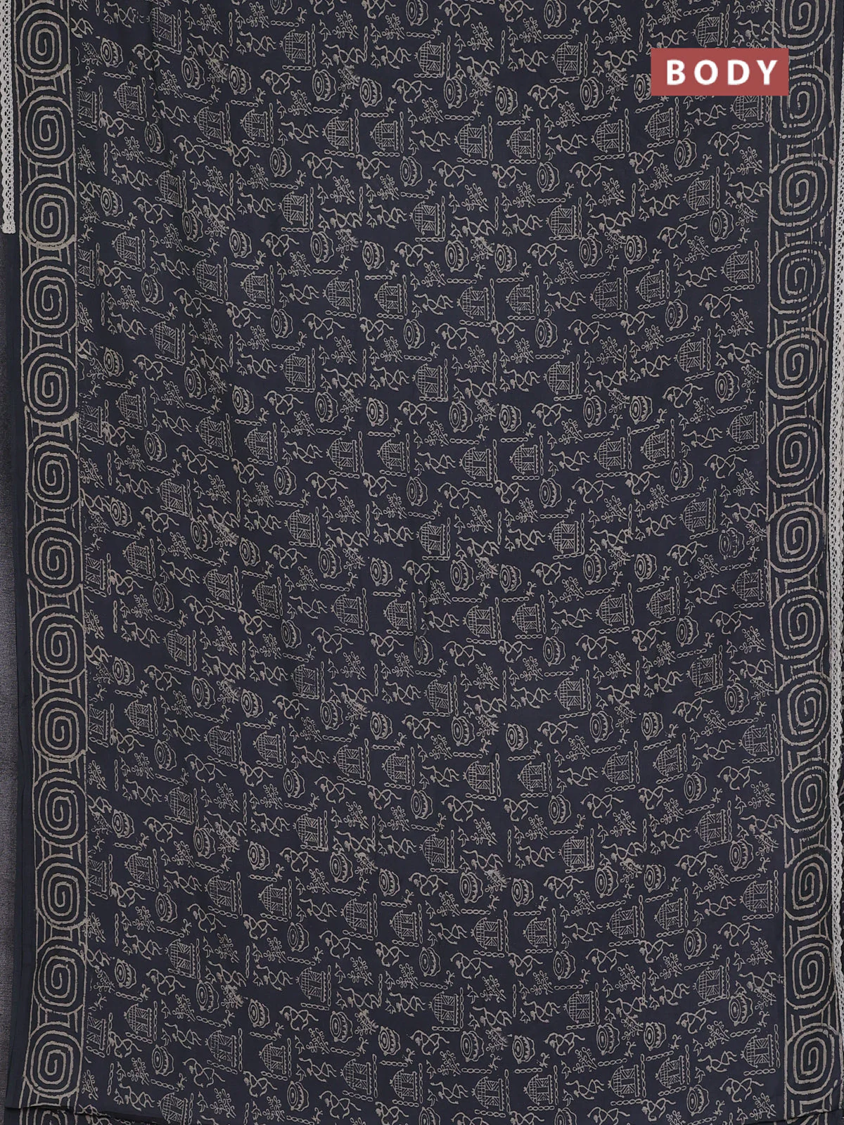 Semi pashmina silk saree grey and cream with allover warli prints and crocia lace work border - Image 2