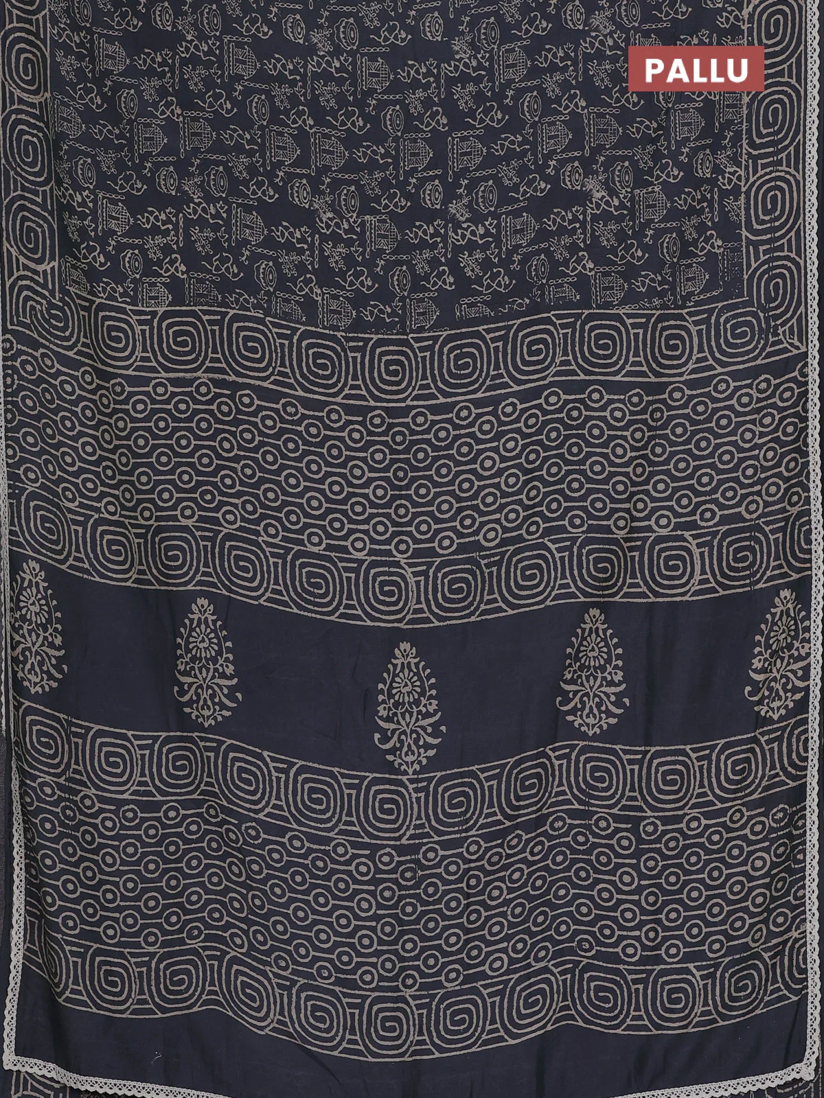 Semi pashmina silk saree grey and cream with allover warli prints and crocia lace work border - Image 3