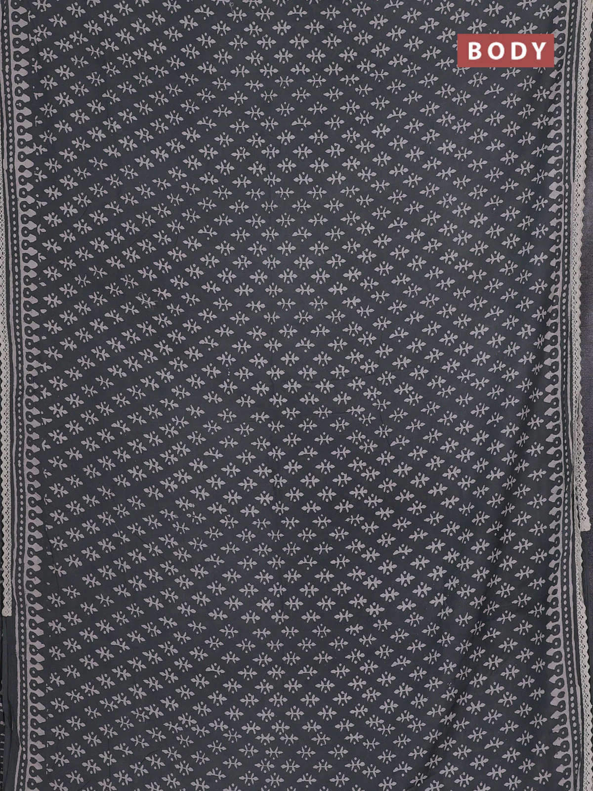 Semi pashmina silk saree grey and cream with butta prints and crocia lace work border - Image 2