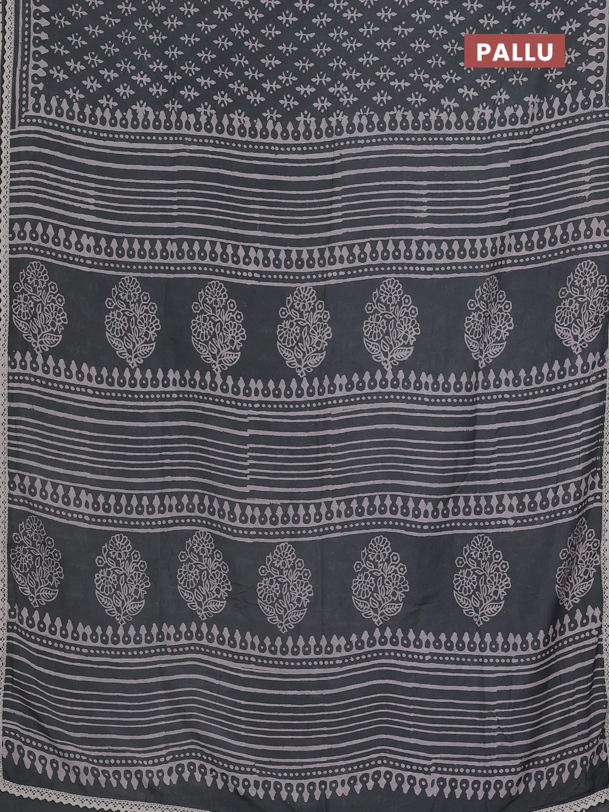 Semi pashmina silk saree grey and cream with butta prints and crocia lace work border - Image 3