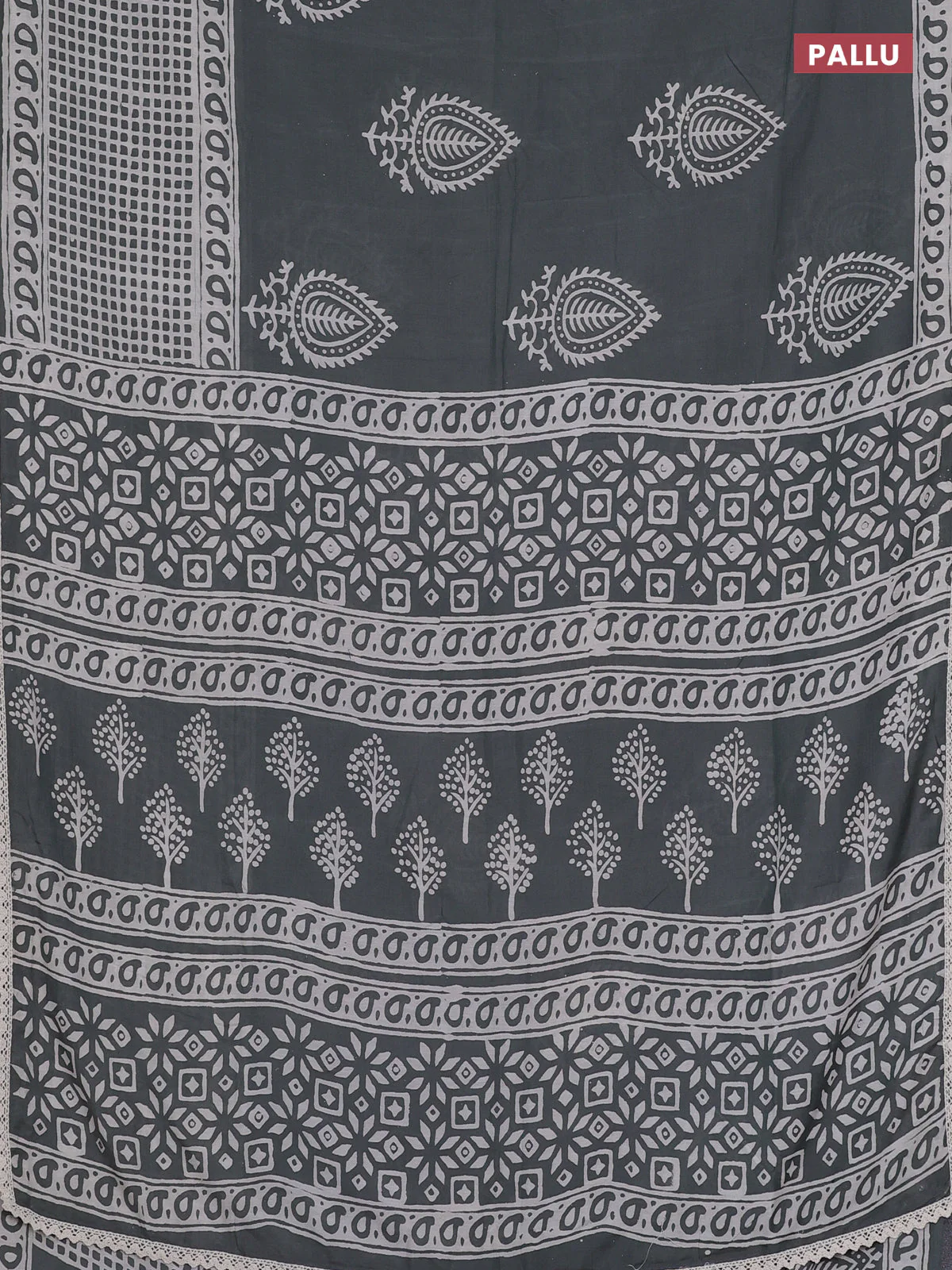 Semi pashmina silk saree grey and cream with butta prints and long printed crocia lace work border - Image 3
