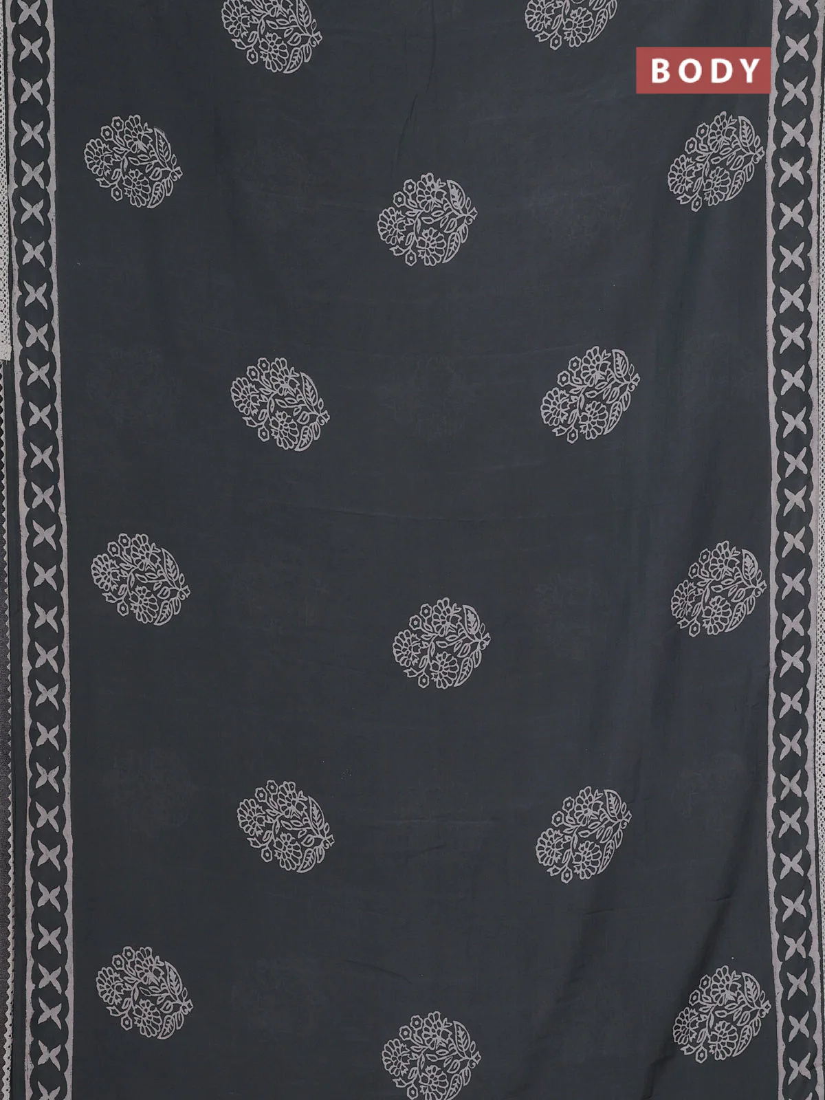 Semi pashmina silk saree grey and cream with floral butta prints and crocia lace work border - Image 2
