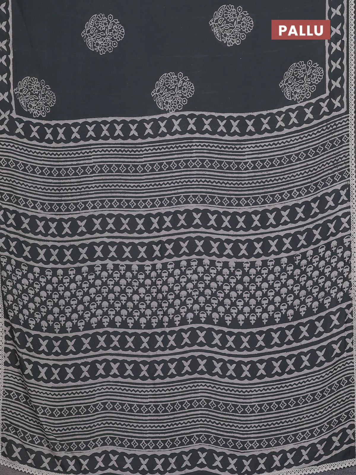 Semi pashmina silk saree grey and cream with floral butta prints and crocia lace work border - Image 3