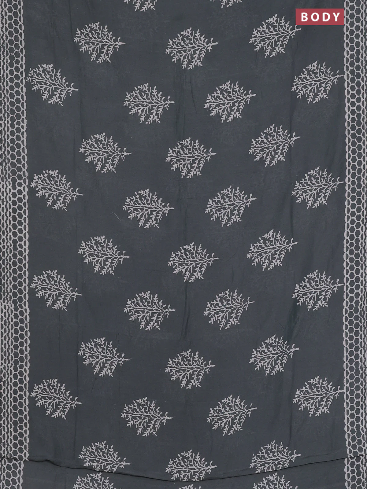 Semi pashmina silk saree grey and cream with tree butta prints and crocia lace work border - Image 2
