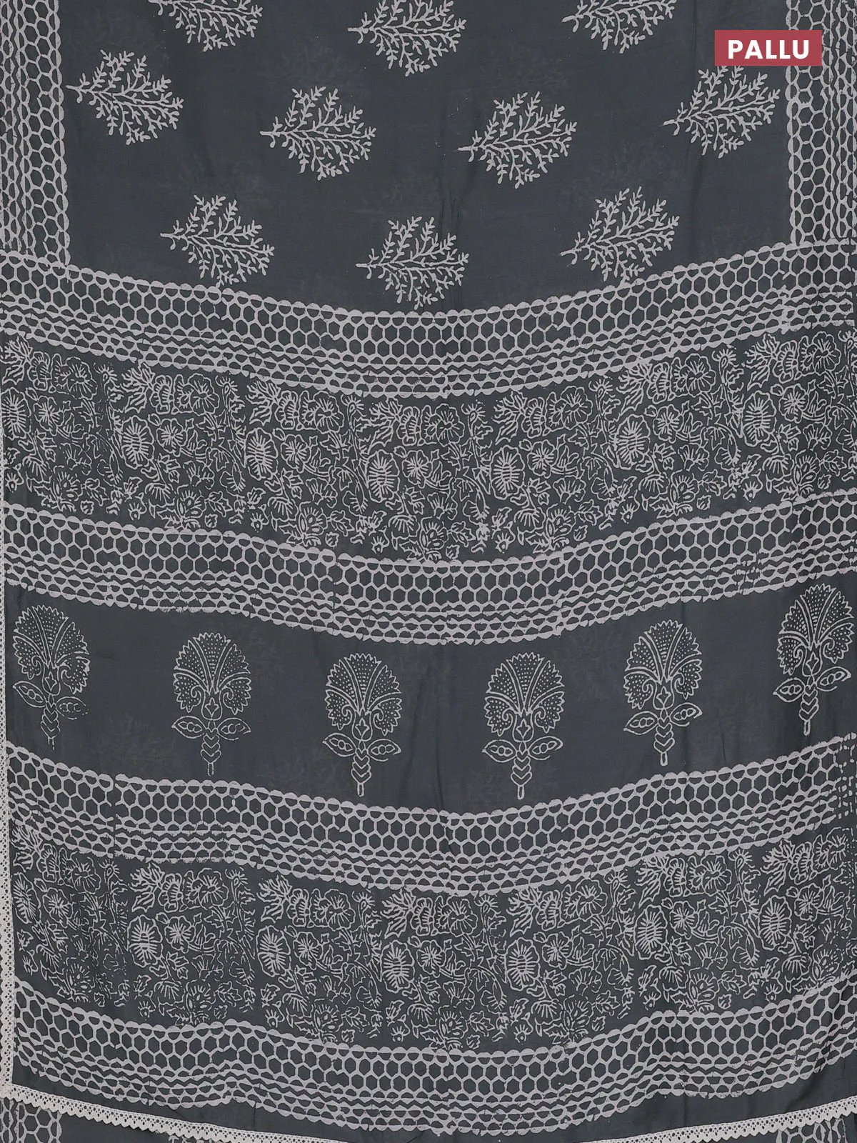 Semi pashmina silk saree grey and cream with tree butta prints and crocia lace work border - Image 3