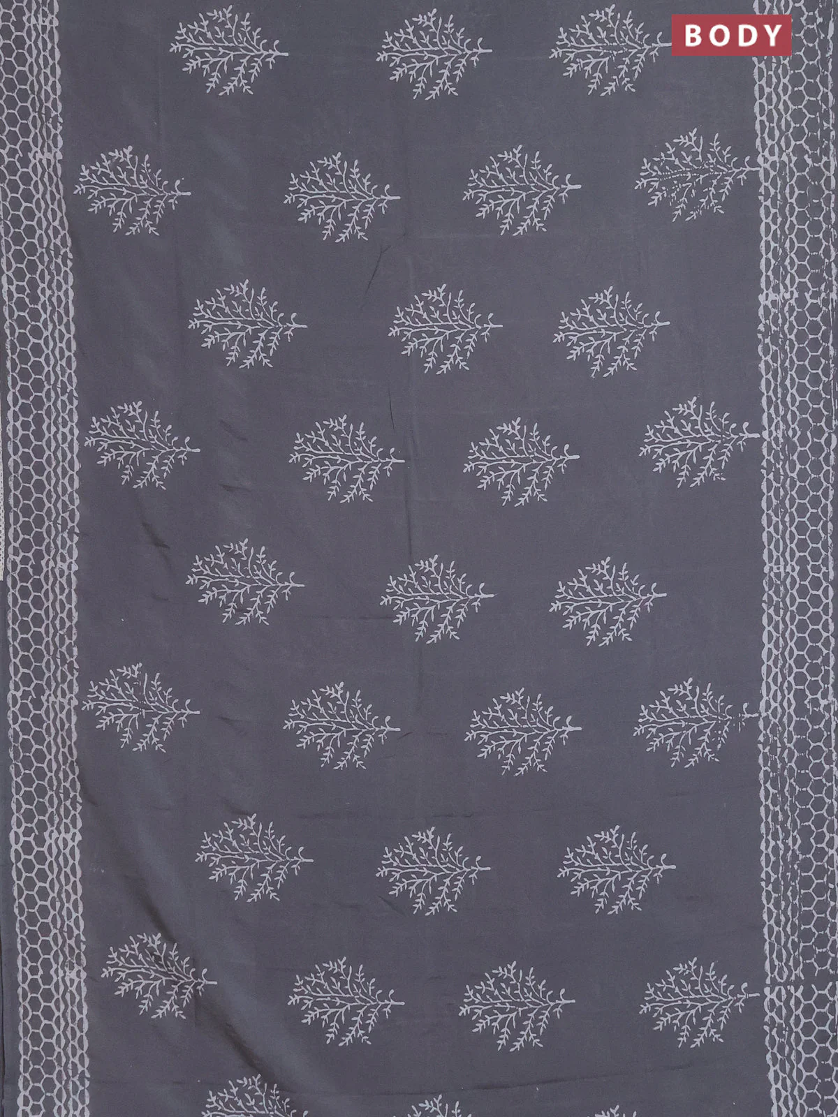 Semi pashmina silk saree grey and cream with tree butta prints and crocia lace work border - Image 2