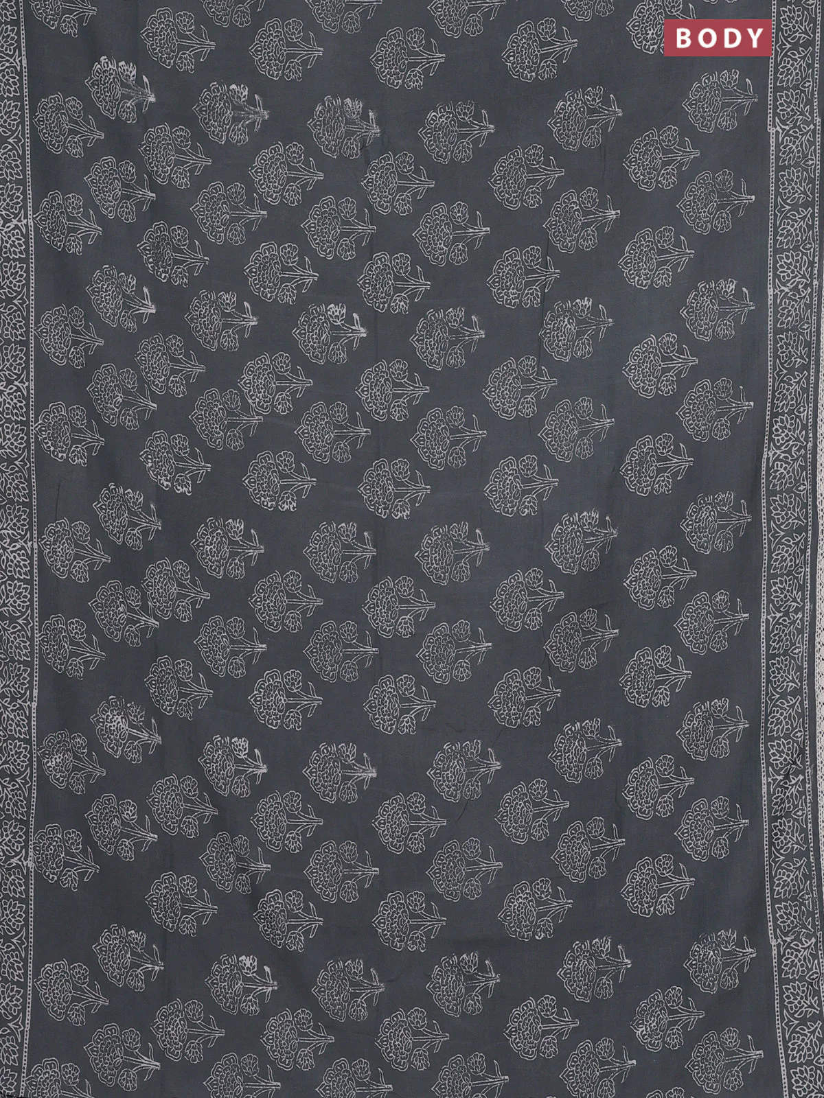 Semi pashmina silk saree grey shade and cream with allover floral butta prints and crocia lace work border - Image 2