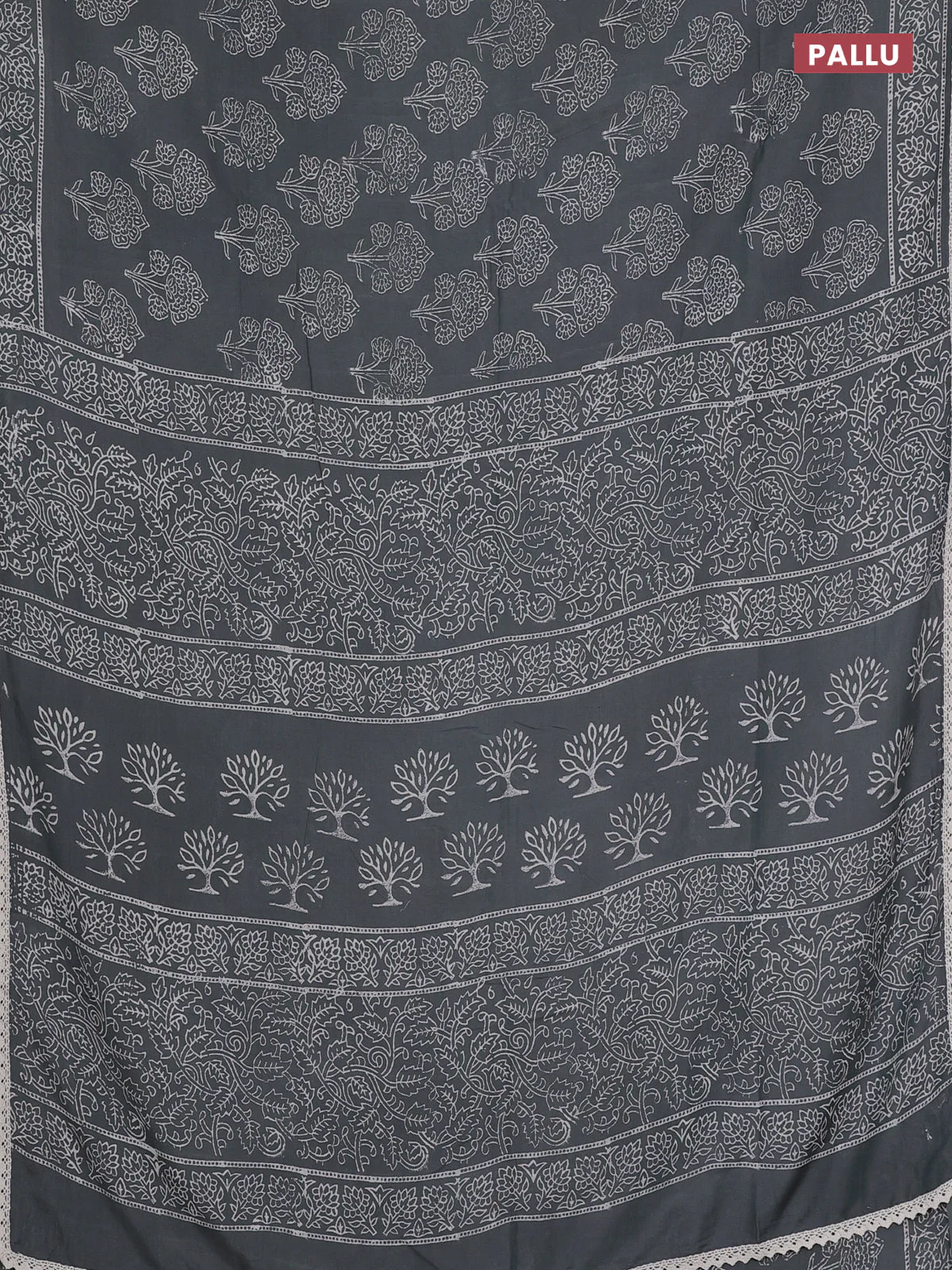 Semi pashmina silk saree grey shade and cream with allover floral butta prints and crocia lace work border - Image 3