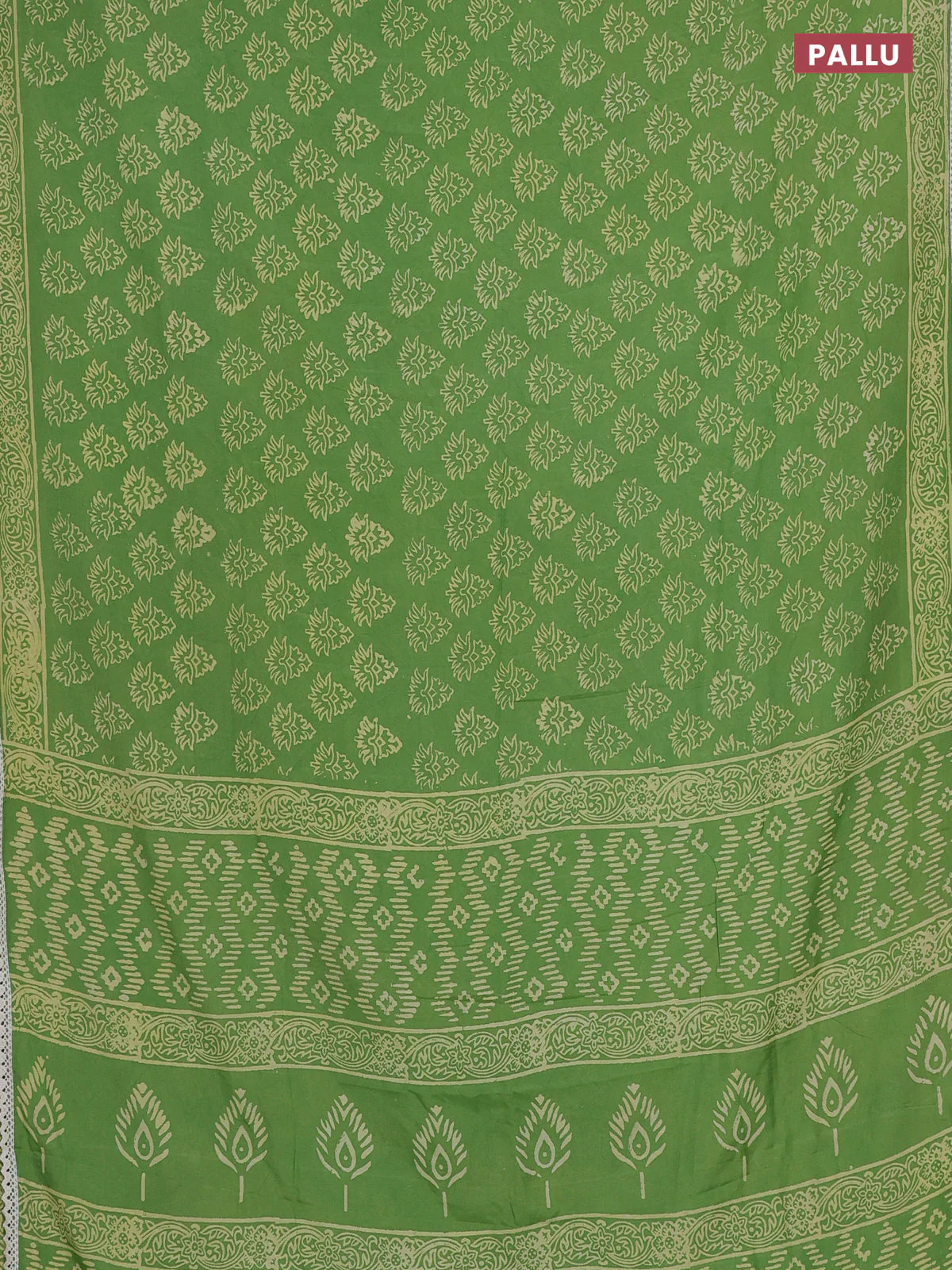 Semi pashmina silk saree light green and cream with allover butta prints and crocia lace work border - Image 3