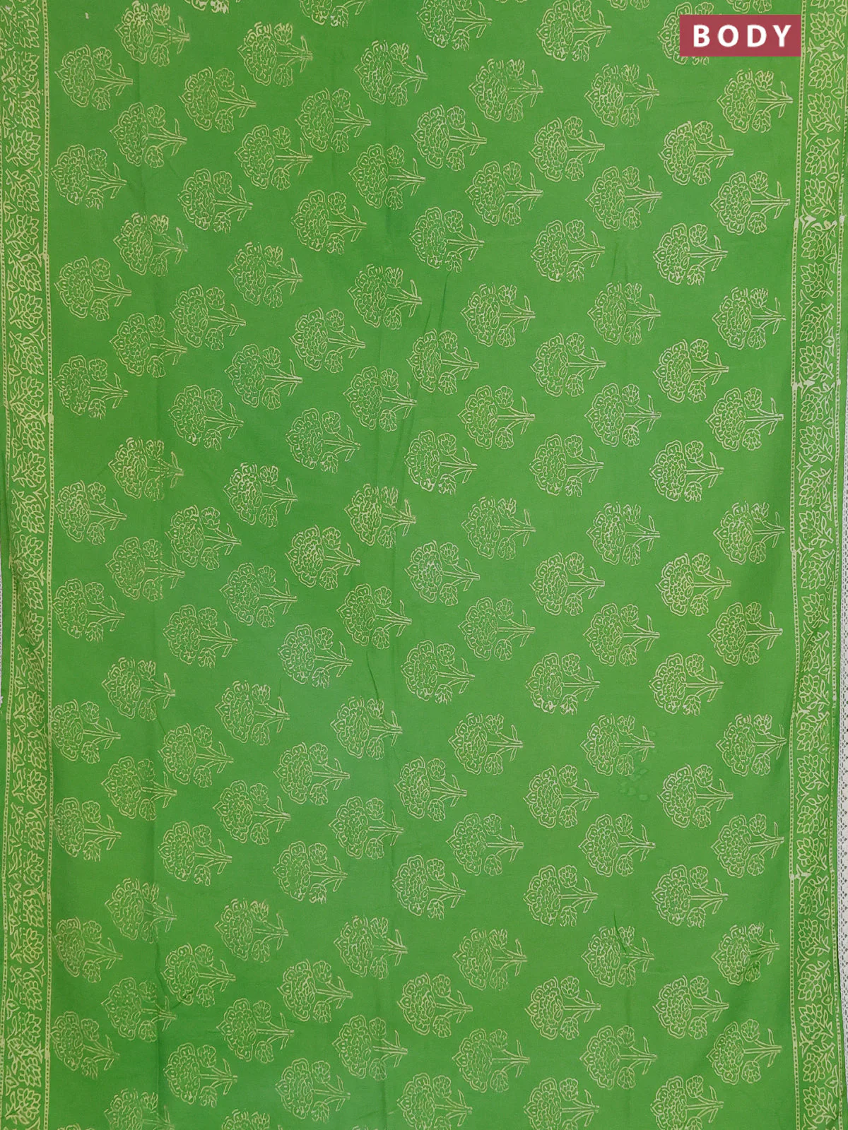 Semi pashmina silk saree light green and cream with allover floral butta prints and crocia lace work border - Image 2